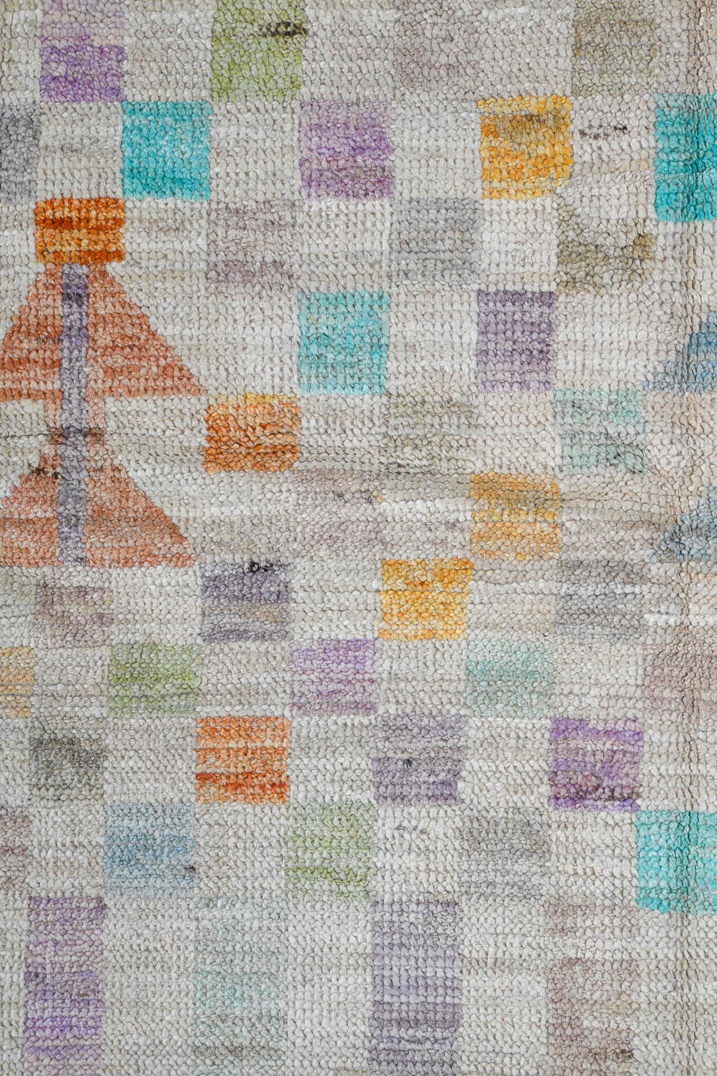5' x 6' one-of-a-kind handmade vintage Kilim rug. Color palette: ivory, aqua, lavender, apricot, sage, pale blue, taupe
