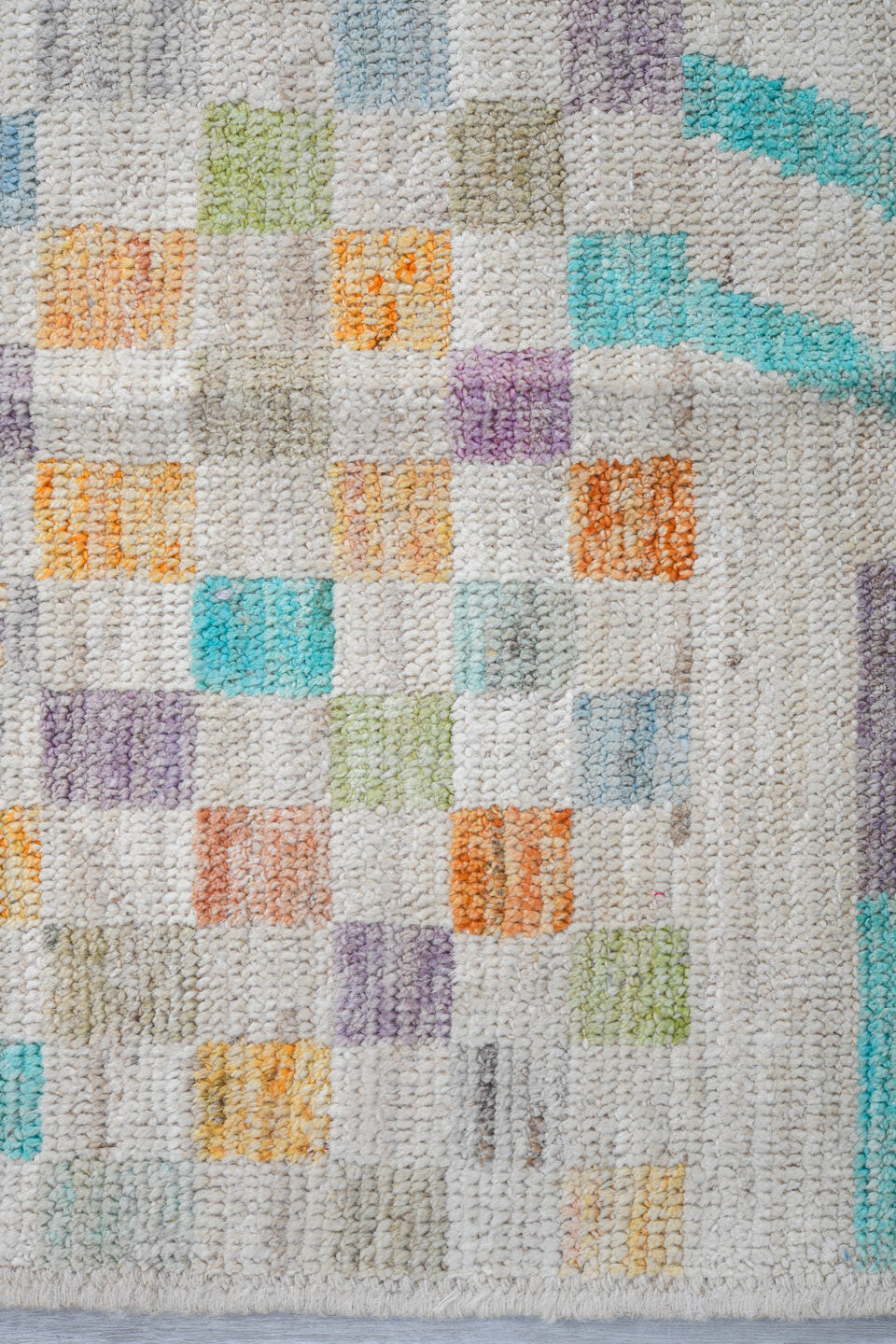 5' x 6' one-of-a-kind handmade vintage Kilim rug. Color palette: ivory, aqua, lavender, apricot, sage, pale blue, taupe