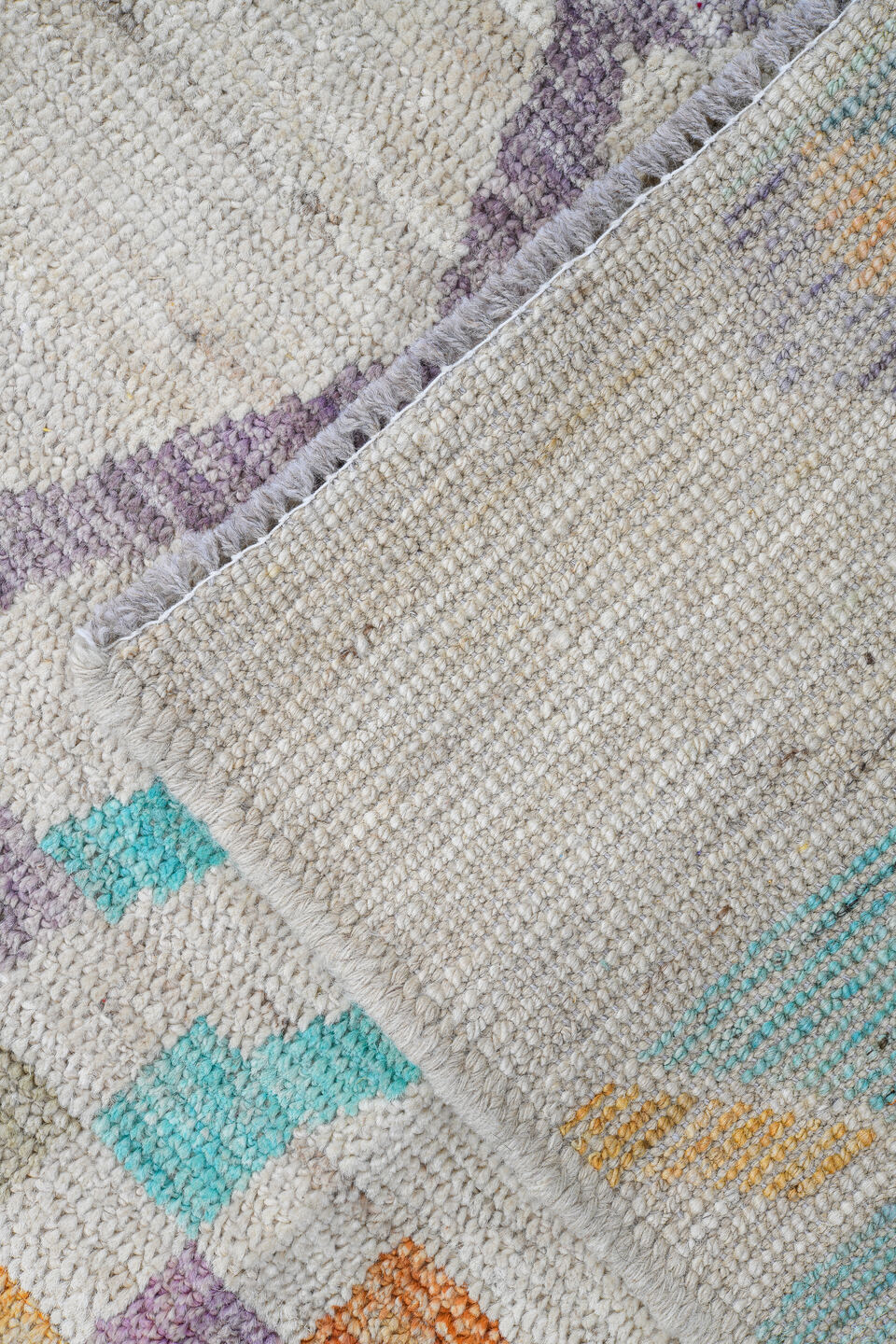 5' x 6' one-of-a-kind handmade vintage Kilim rug. Color palette: ivory, aqua, lavender, apricot, sage, pale blue, taupe