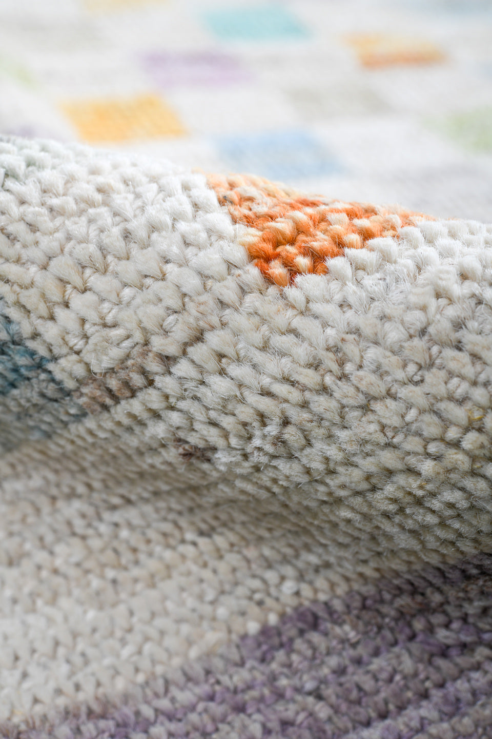 5' x 6' one-of-a-kind handmade vintage Kilim rug. Color palette: ivory, aqua, lavender, apricot, sage, pale blue, taupe