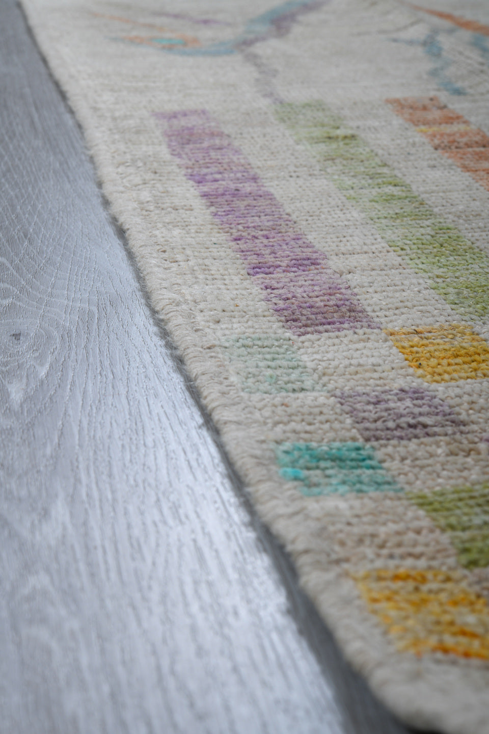 5' x 6' one-of-a-kind handmade vintage Kilim rug. Color palette: ivory, aqua, lavender, apricot, sage, pale blue, taupe