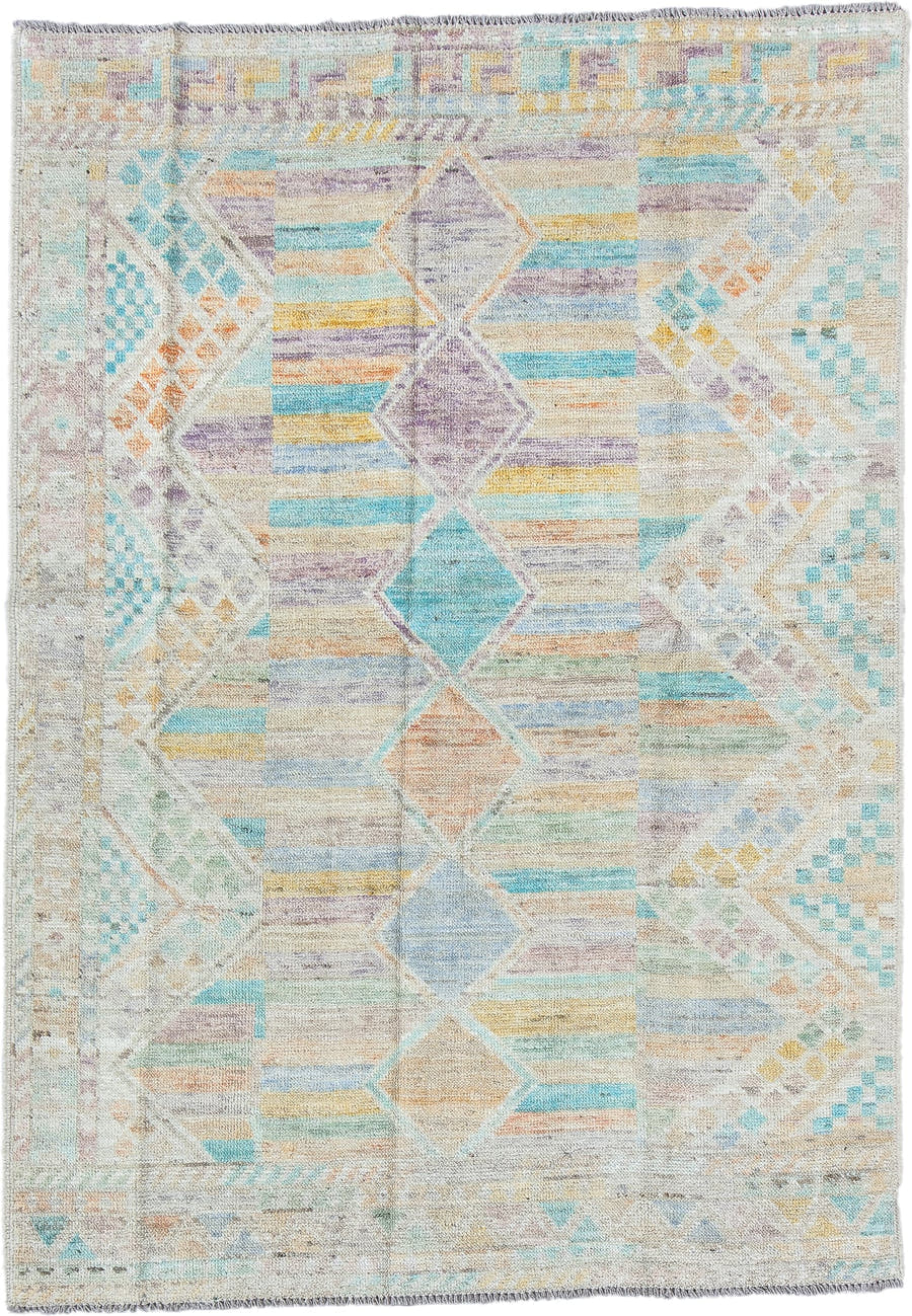 4' x 5' one-of-a-kind handmade vintage Kilim small size rug. Color palette: ivory, aqua, lavender, pale gold, peach