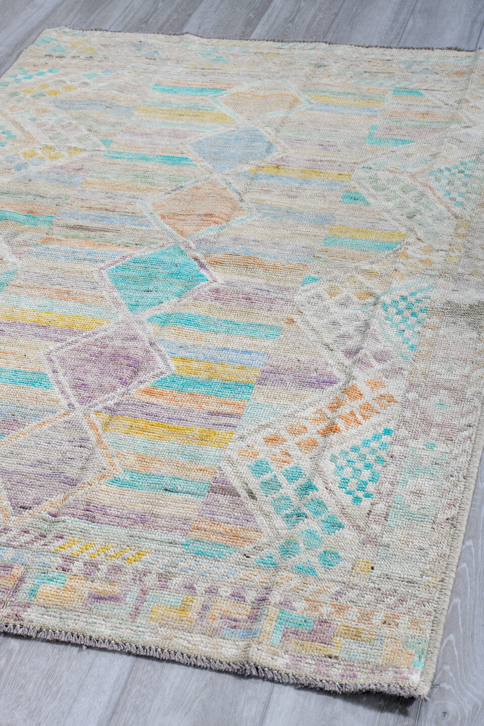 4' x 5' one-of-a-kind handmade vintage Kilim small size rug. Color palette: ivory, aqua, lavender, pale gold, peach