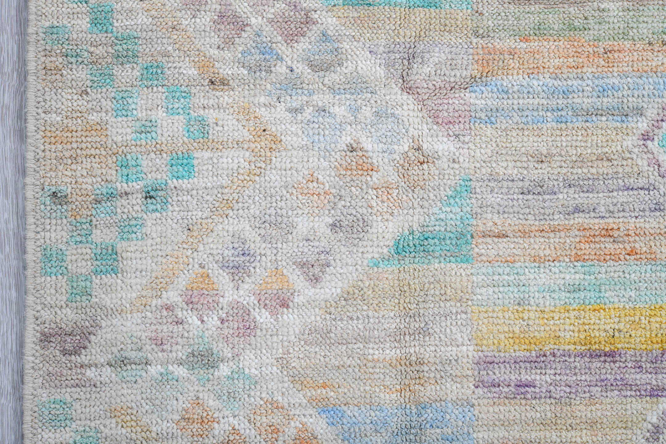 4' x 5' one-of-a-kind handmade vintage Kilim small size rug. Color palette: ivory, aqua, lavender, pale gold, peach
