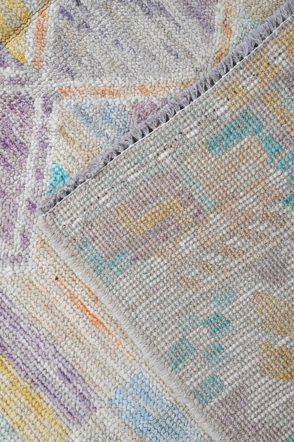 4' x 5' one-of-a-kind handmade vintage Kilim small size rug. Color palette: ivory, aqua, lavender, pale gold, peach