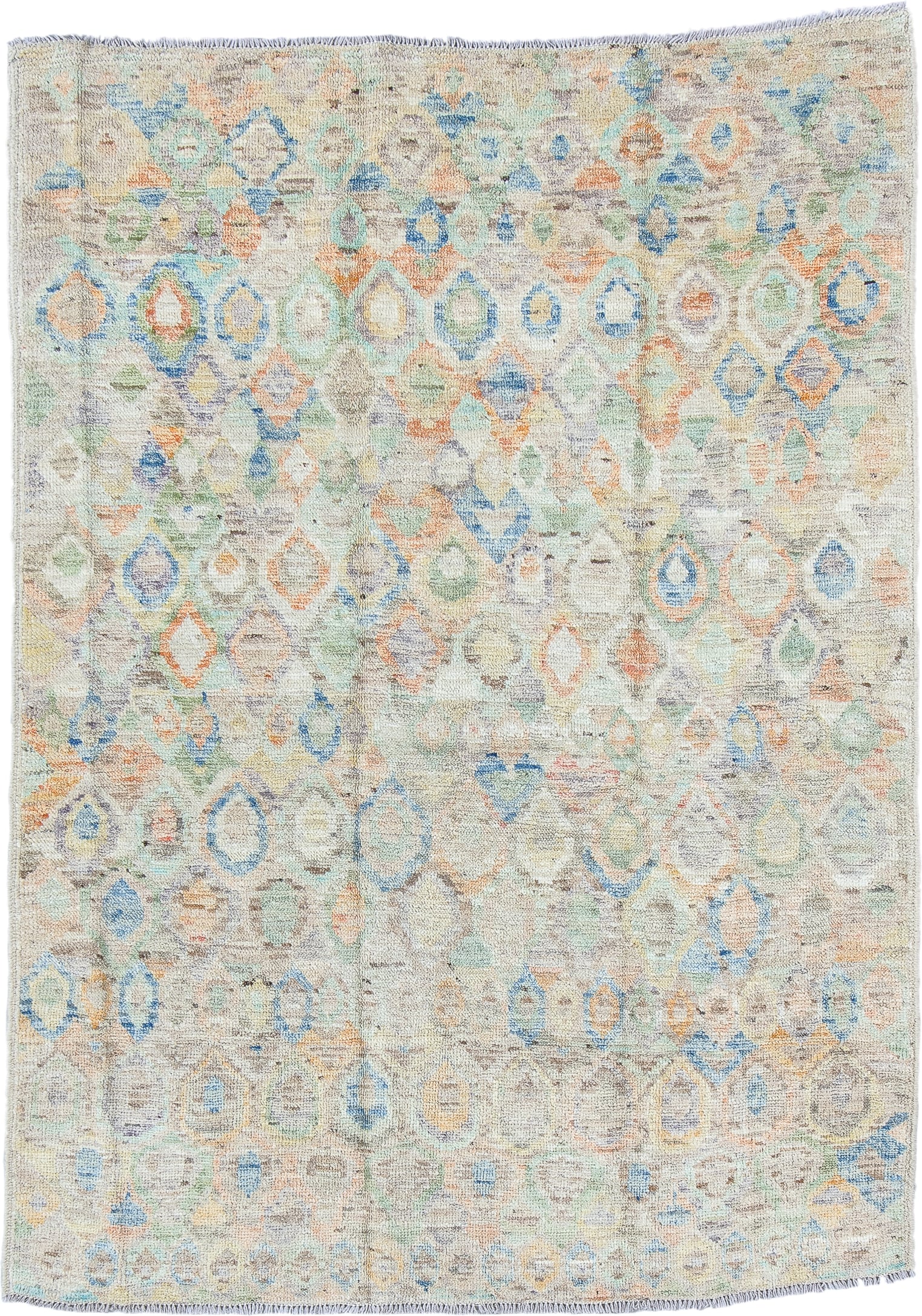 4' x 5' one-of-a-kind handmade vintage Gabbe small size rug. Color palette: ivory, sky blue, sage, peach, taupe, sand