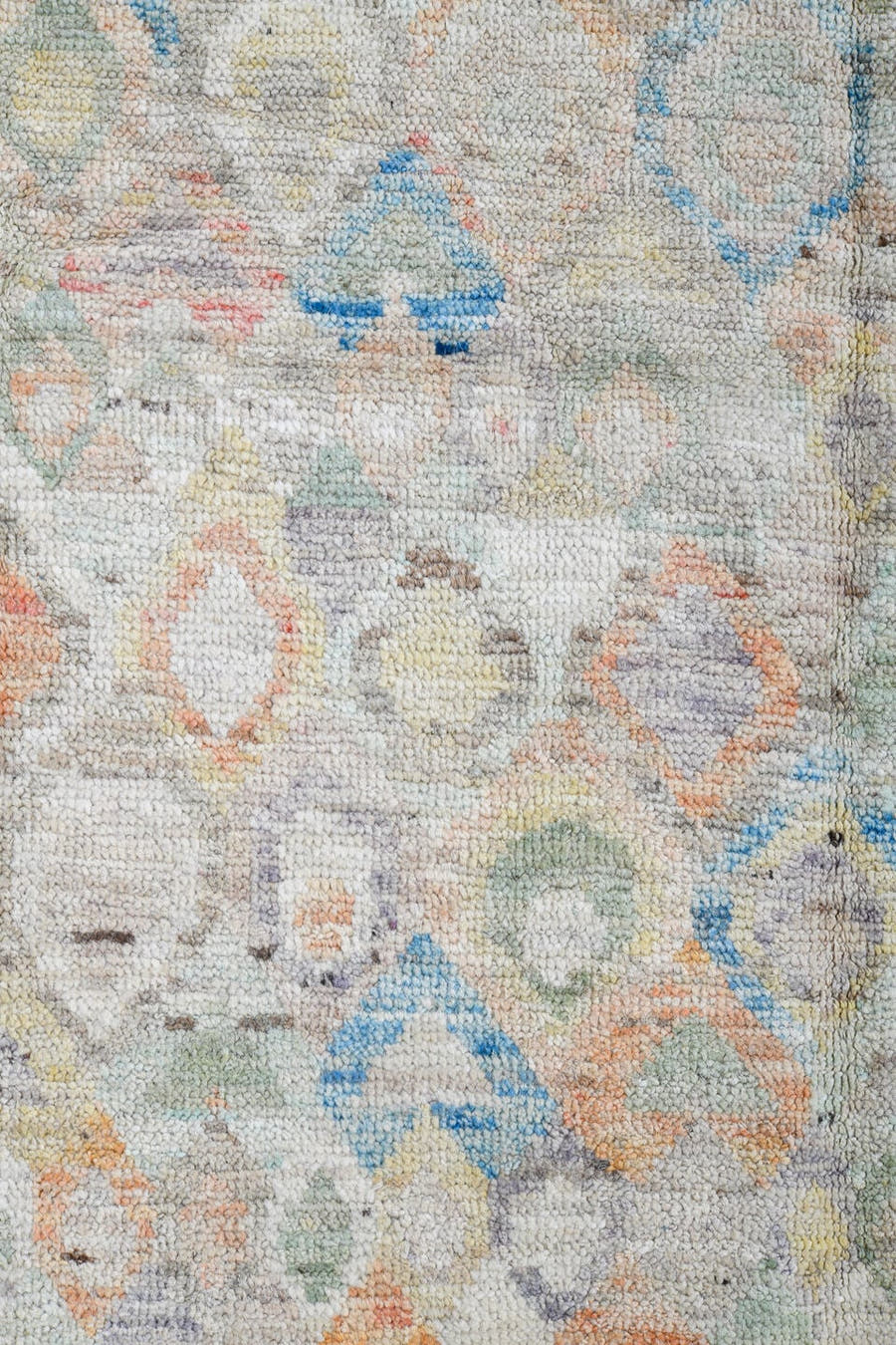 4' x 5' one-of-a-kind handmade vintage Gabbe small size rug. Color palette: ivory, sky blue, sage, peach, taupe, sand