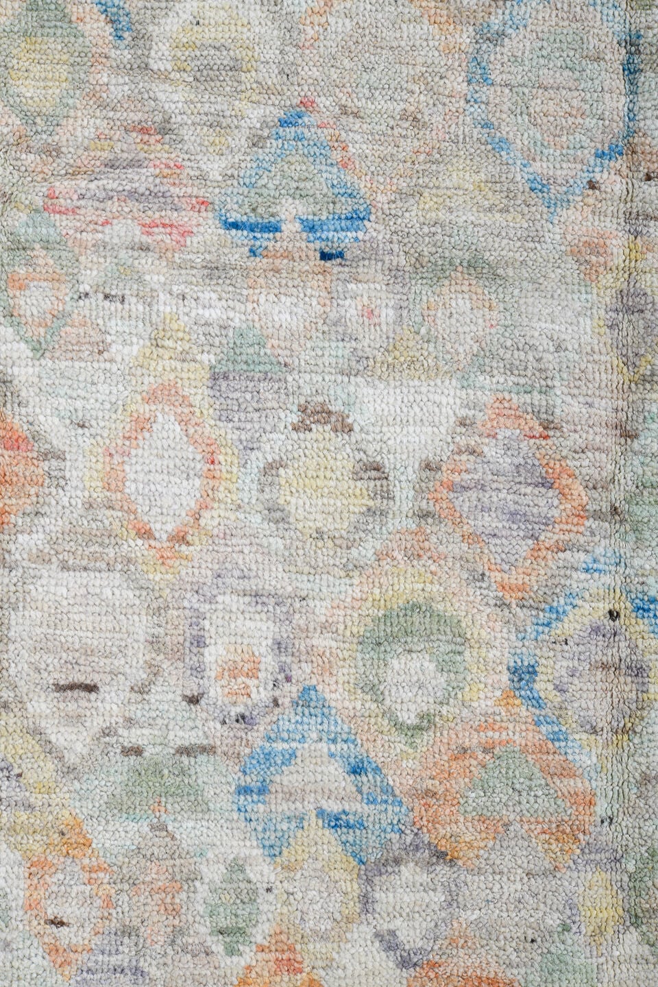 4' x 5' one-of-a-kind handmade vintage Gabbe small size rug. Color palette: ivory, sky blue, sage, peach, taupe, sand
