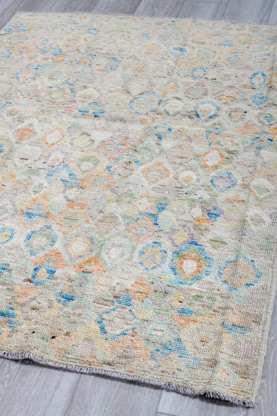 4' x 5' one-of-a-kind handmade vintage Gabbe small size rug. Color palette: ivory, sky blue, sage, peach, taupe, sand