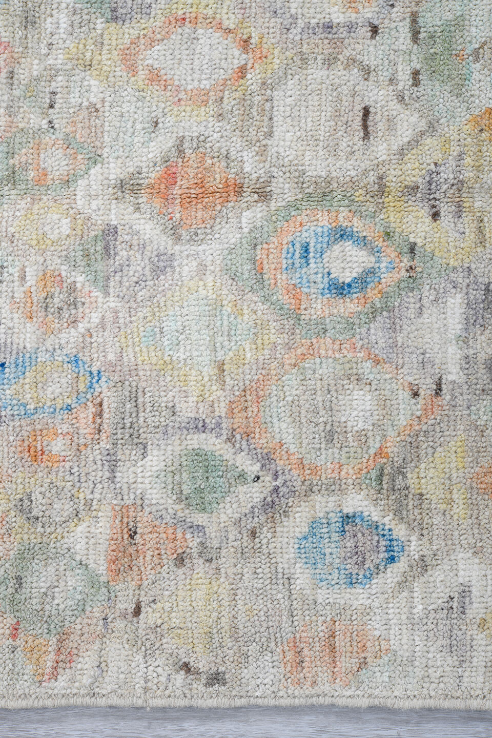 4' x 5' one-of-a-kind handmade vintage Gabbe small size rug. Color palette: ivory, sky blue, sage, peach, taupe, sand