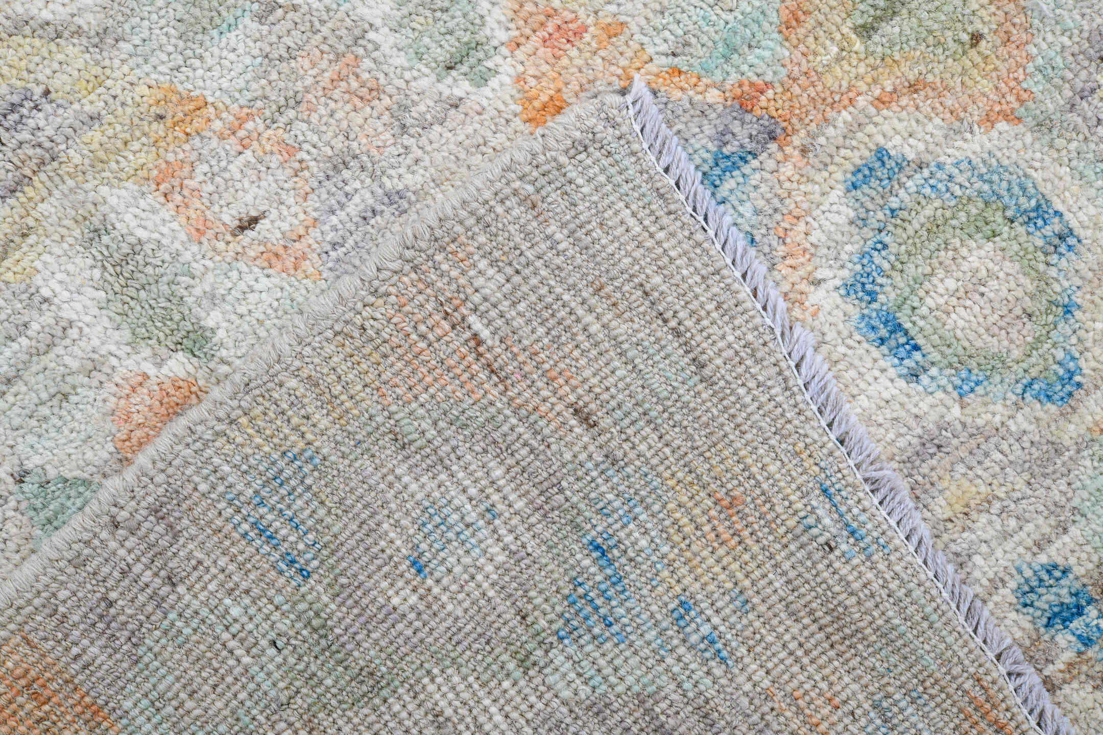 4' x 5' one-of-a-kind handmade vintage Gabbe small size rug. Color palette: ivory, sky blue, sage, peach, taupe, sand