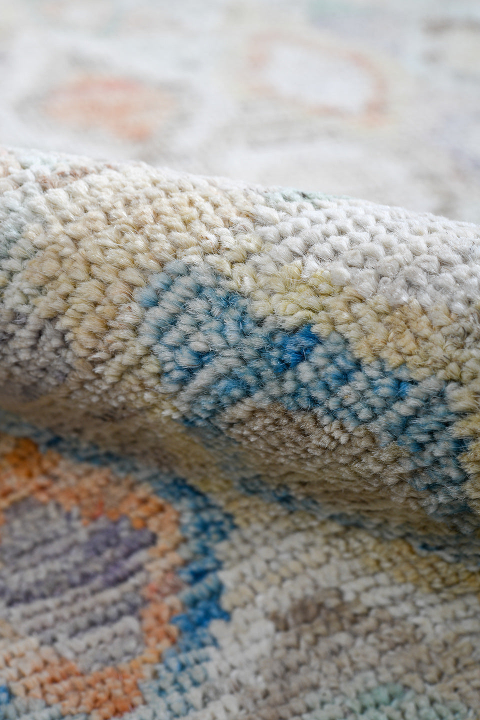 4' x 5' one-of-a-kind handmade vintage Gabbe small size rug. Color palette: ivory, sky blue, sage, peach, taupe, sand