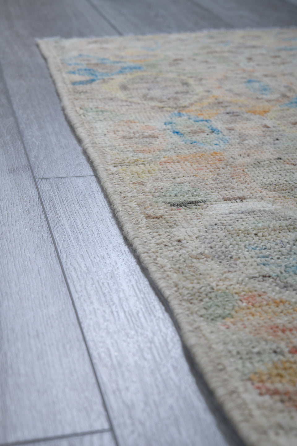 4' x 5' one-of-a-kind handmade vintage Gabbe small size rug. Color palette: ivory, sky blue, sage, peach, taupe, sand