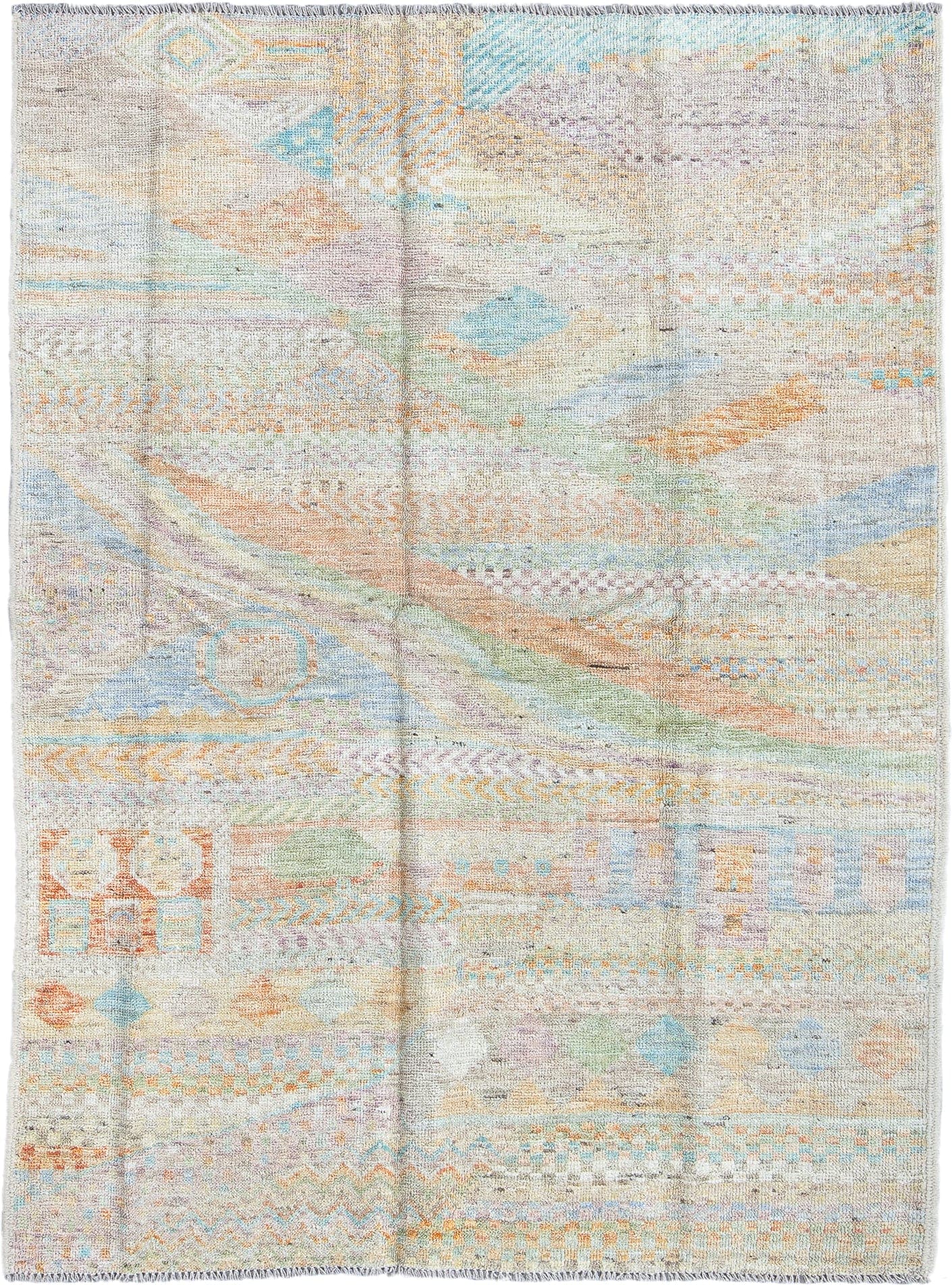 4' x 6' one-of-a-kind handmade vintage Tulu small size rug. Color palette: ivory, pale aqua, apricot, sage, lavender, taupe
