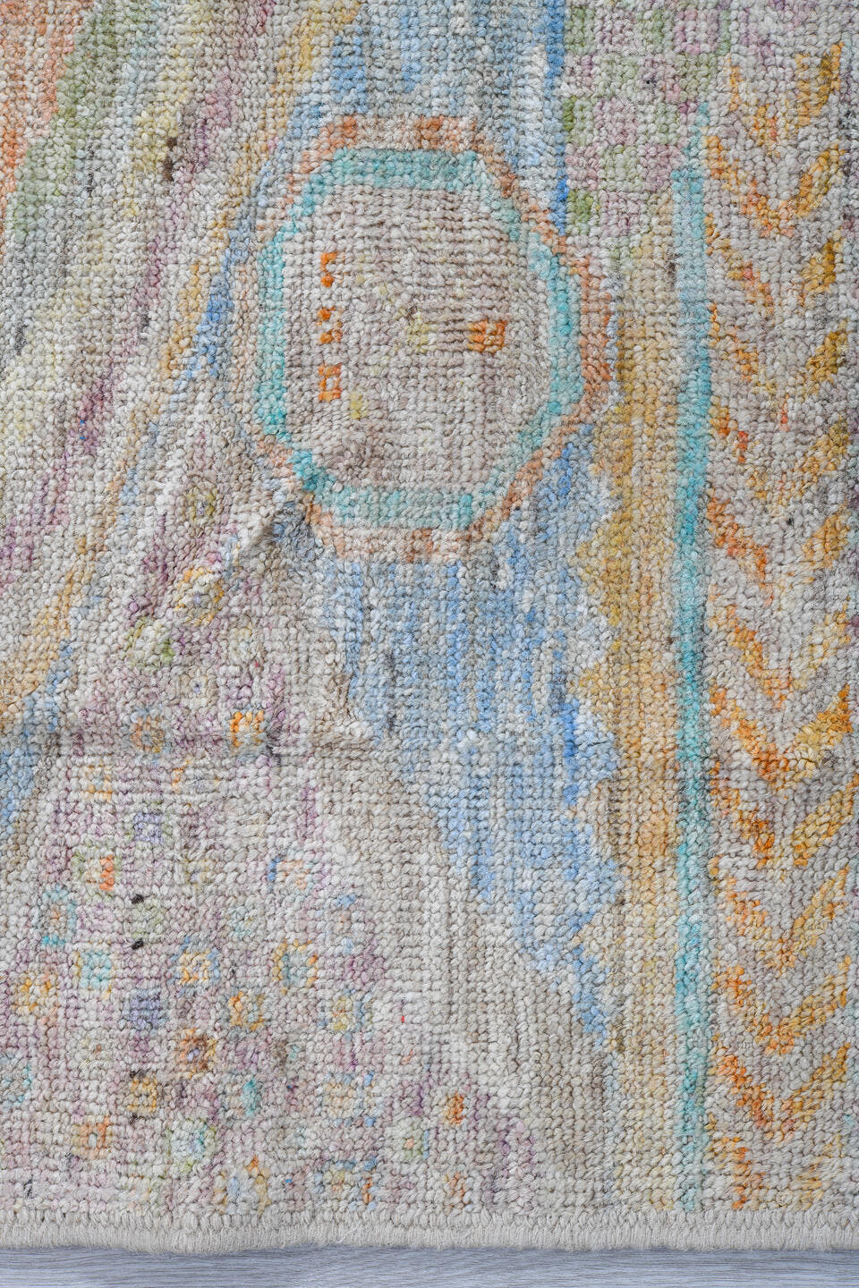 4' x 6' one-of-a-kind handmade vintage Tulu small size rug. Color palette: ivory, pale aqua, apricot, sage, lavender, taupe