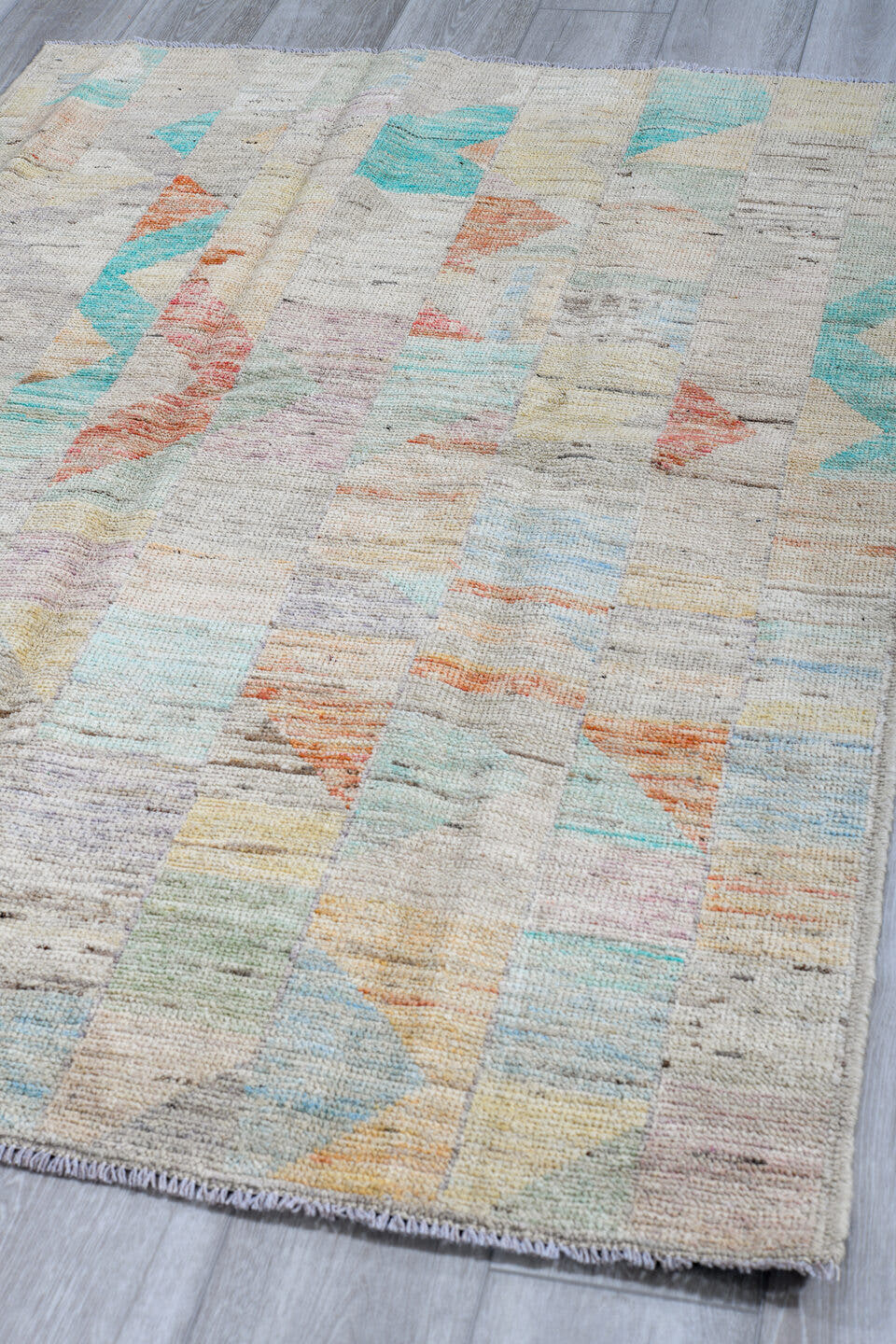 4' x 5' one-of-a-kind handmade vintage Gabbe small size rug. Color palette: ivory, aqua, cream, coral, sage, blush