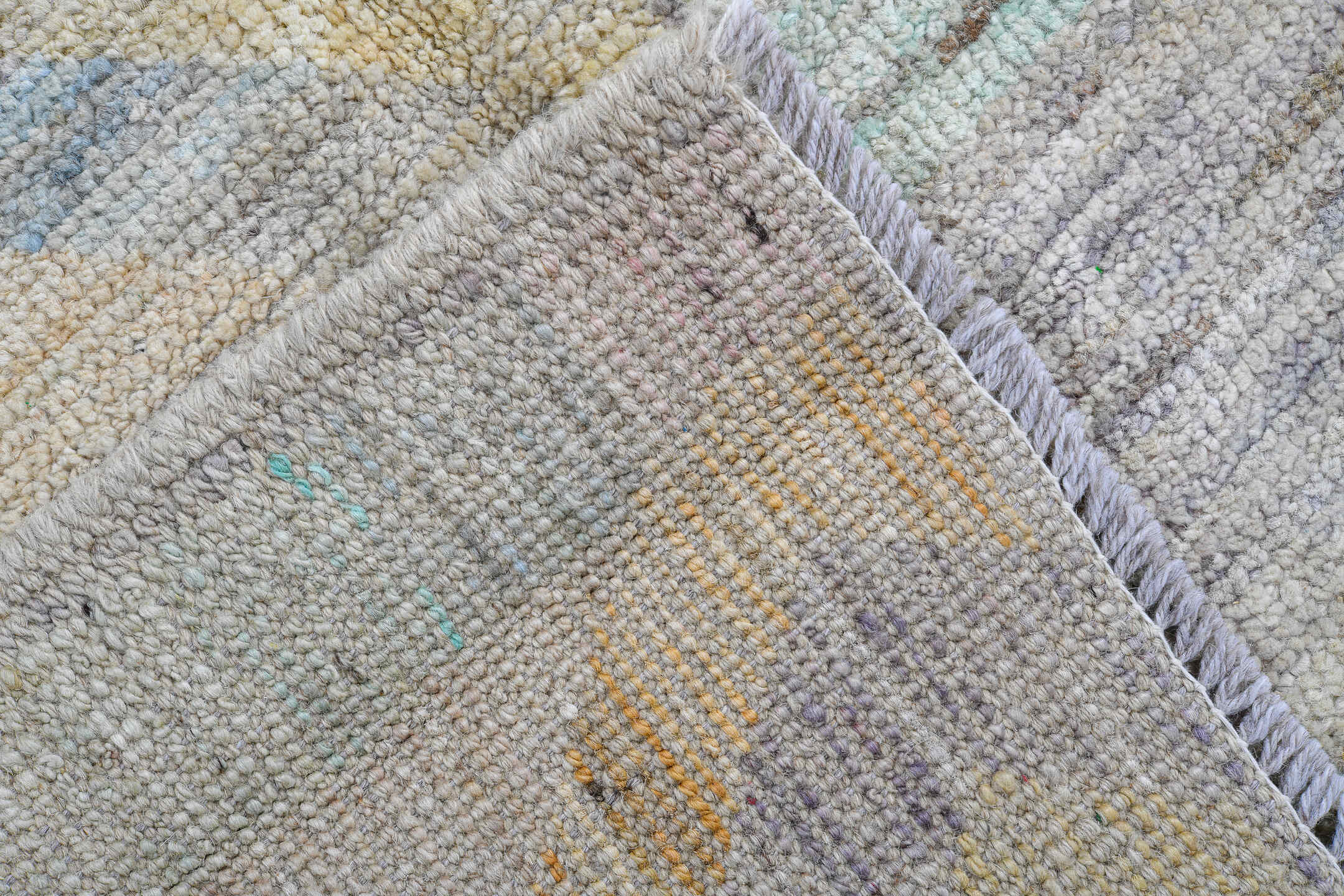 4' x 5' one-of-a-kind handmade vintage Gabbe small size rug. Color palette: ivory, aqua, cream, coral, sage, blush