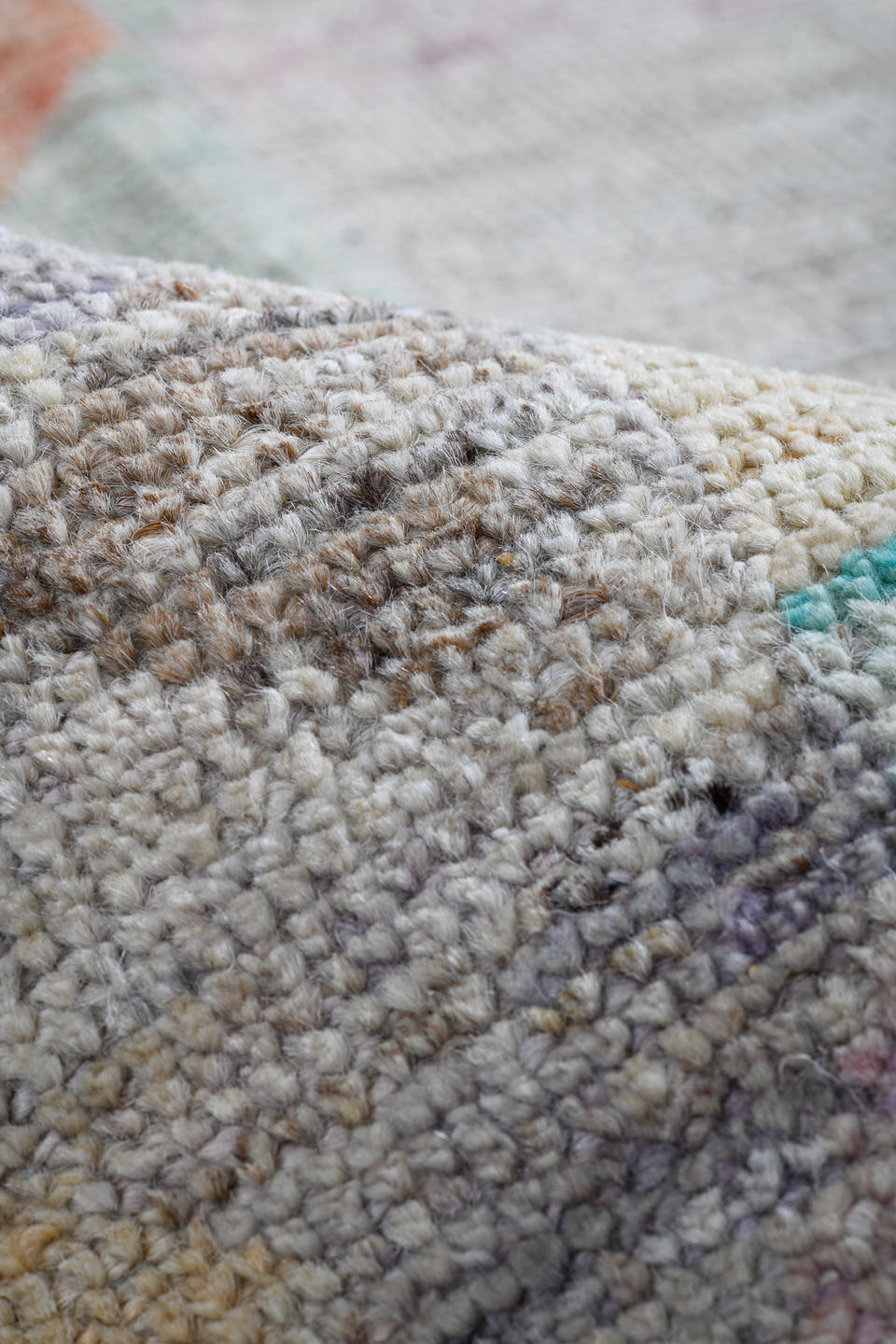 4' x 5' one-of-a-kind handmade vintage Gabbe small size rug. Color palette: ivory, aqua, cream, coral, sage, blush