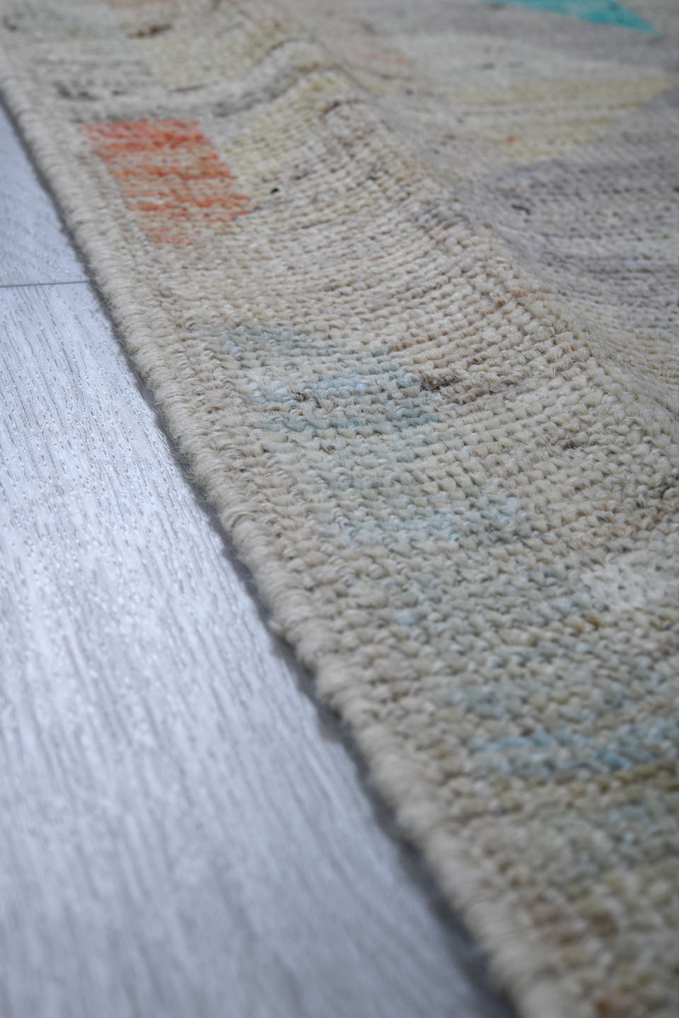4' x 5' one-of-a-kind handmade vintage Gabbe small size rug. Color palette: ivory, aqua, cream, coral, sage, blush
