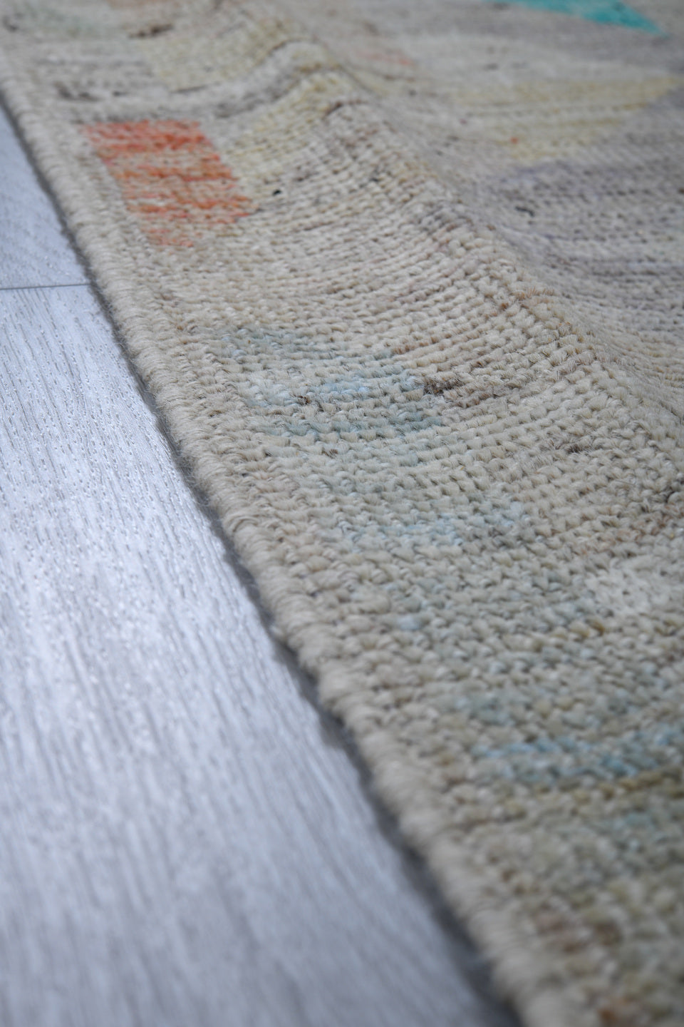 4' x 5' one-of-a-kind handmade vintage Gabbe small size rug. Color palette: ivory, aqua, cream, coral, sage, blush
