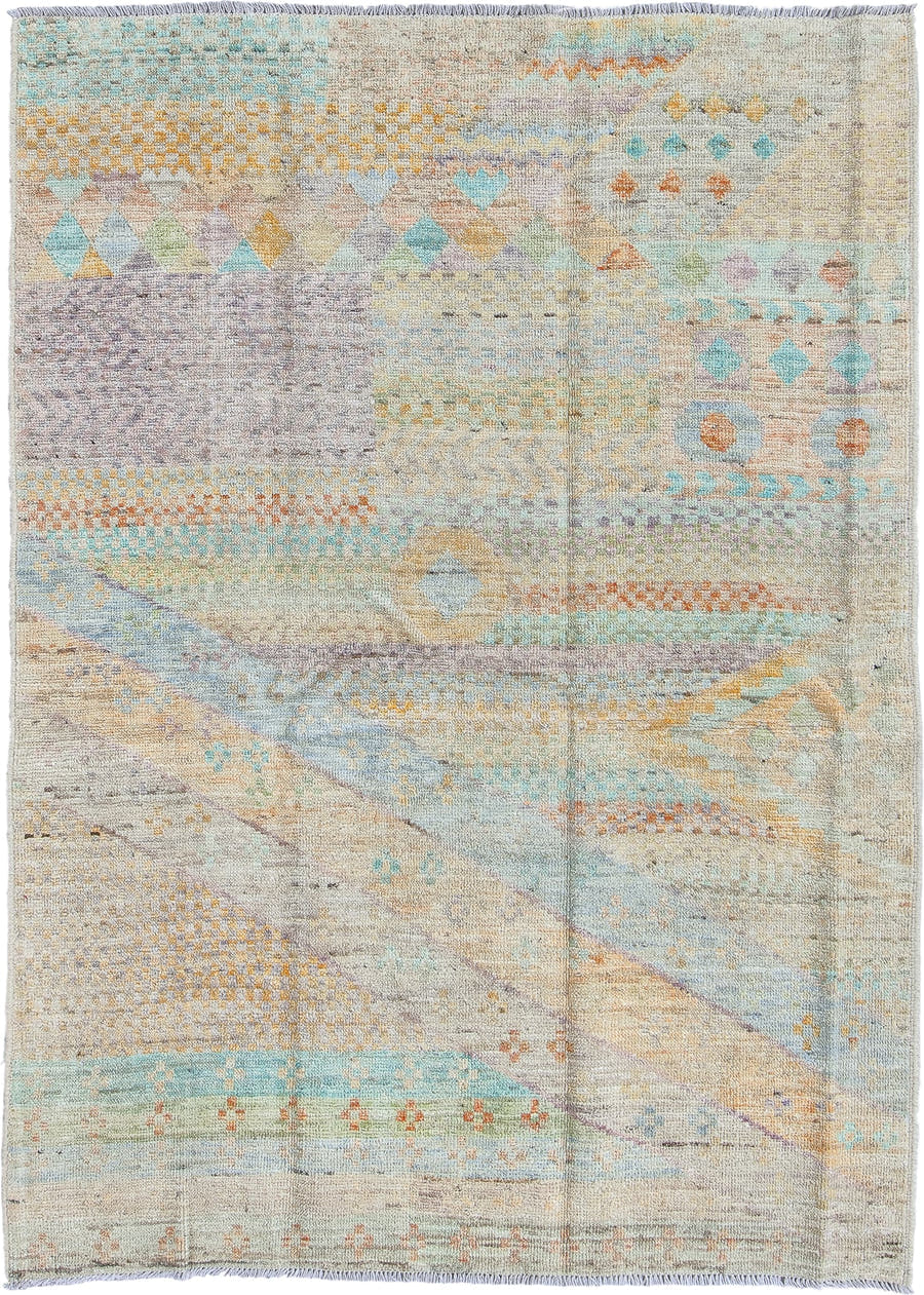 4' x 5' one-of-a-kind handmade vintage Kilim small size rug. Color palette: ivory, pale aqua, sand, lavender, saffron, taupe