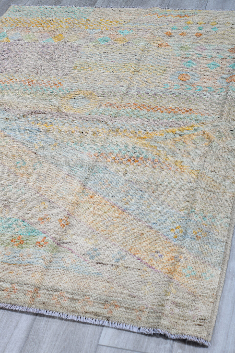 4' x 5' one-of-a-kind handmade vintage Kilim small size rug. Color palette: ivory, pale aqua, sand, lavender, saffron, taupe