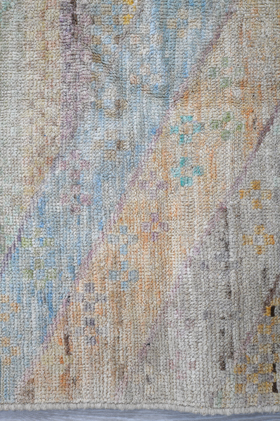 4' x 5' one-of-a-kind handmade vintage Kilim small size rug. Color palette: ivory, pale aqua, sand, lavender, saffron, taupe