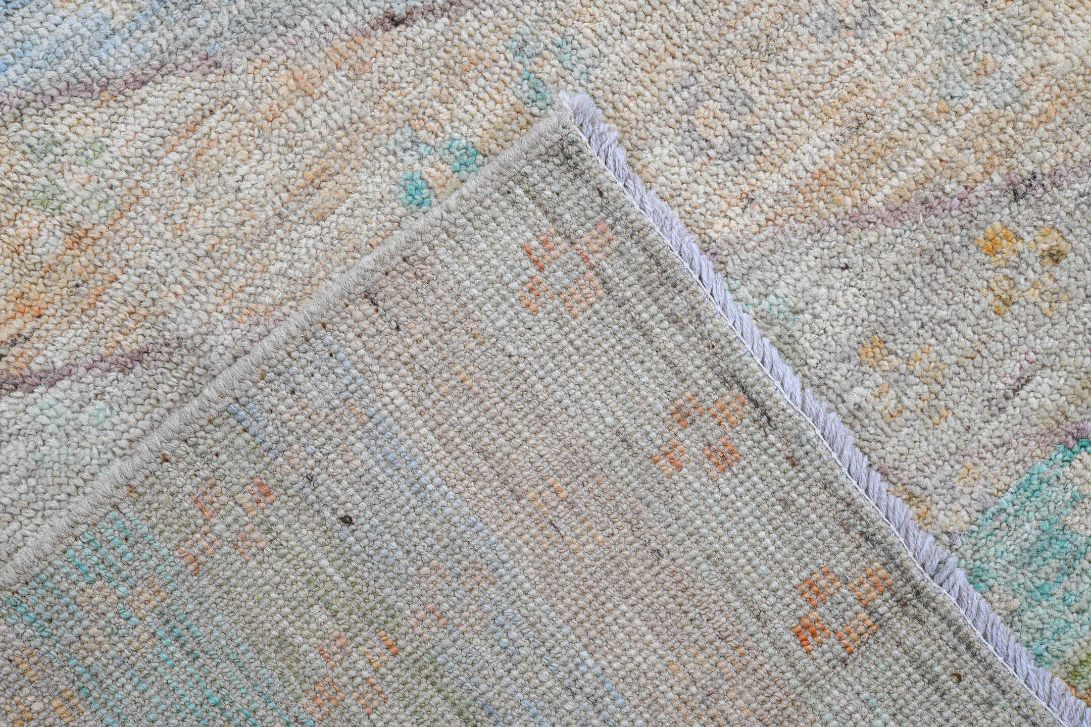 4' x 5' one-of-a-kind handmade vintage Kilim small size rug. Color palette: ivory, pale aqua, sand, lavender, saffron, taupe