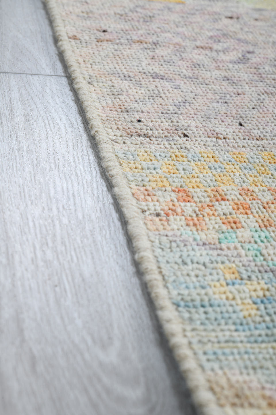 4' x 5' one-of-a-kind handmade vintage Kilim small size rug. Color palette: ivory, pale aqua, sand, lavender, saffron, taupe