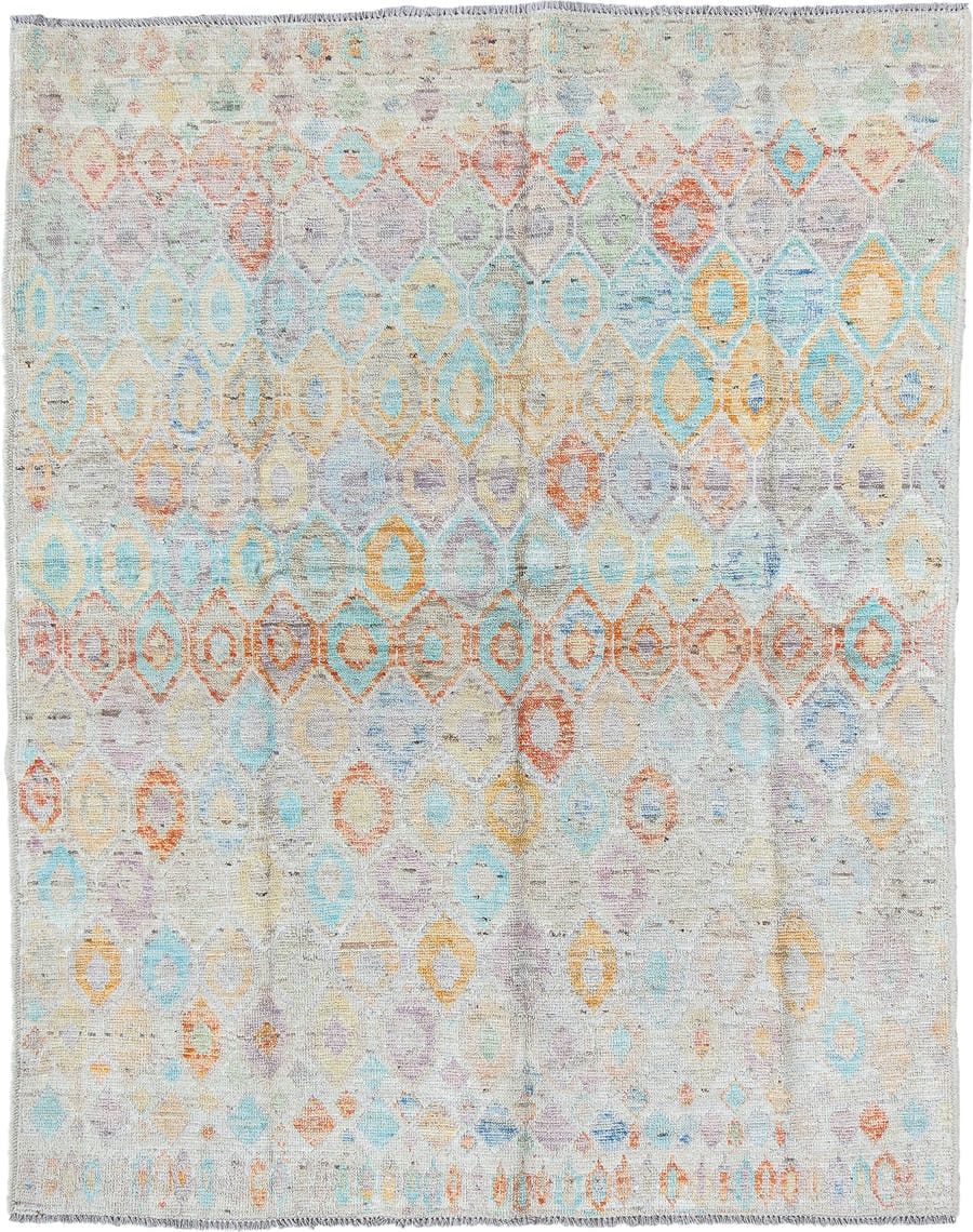 5' x 6' one-of-a-kind handmade vintage Tulu rug. Color palette: ivory, aqua, coral, saffron, lavender, pale blue, taupe
