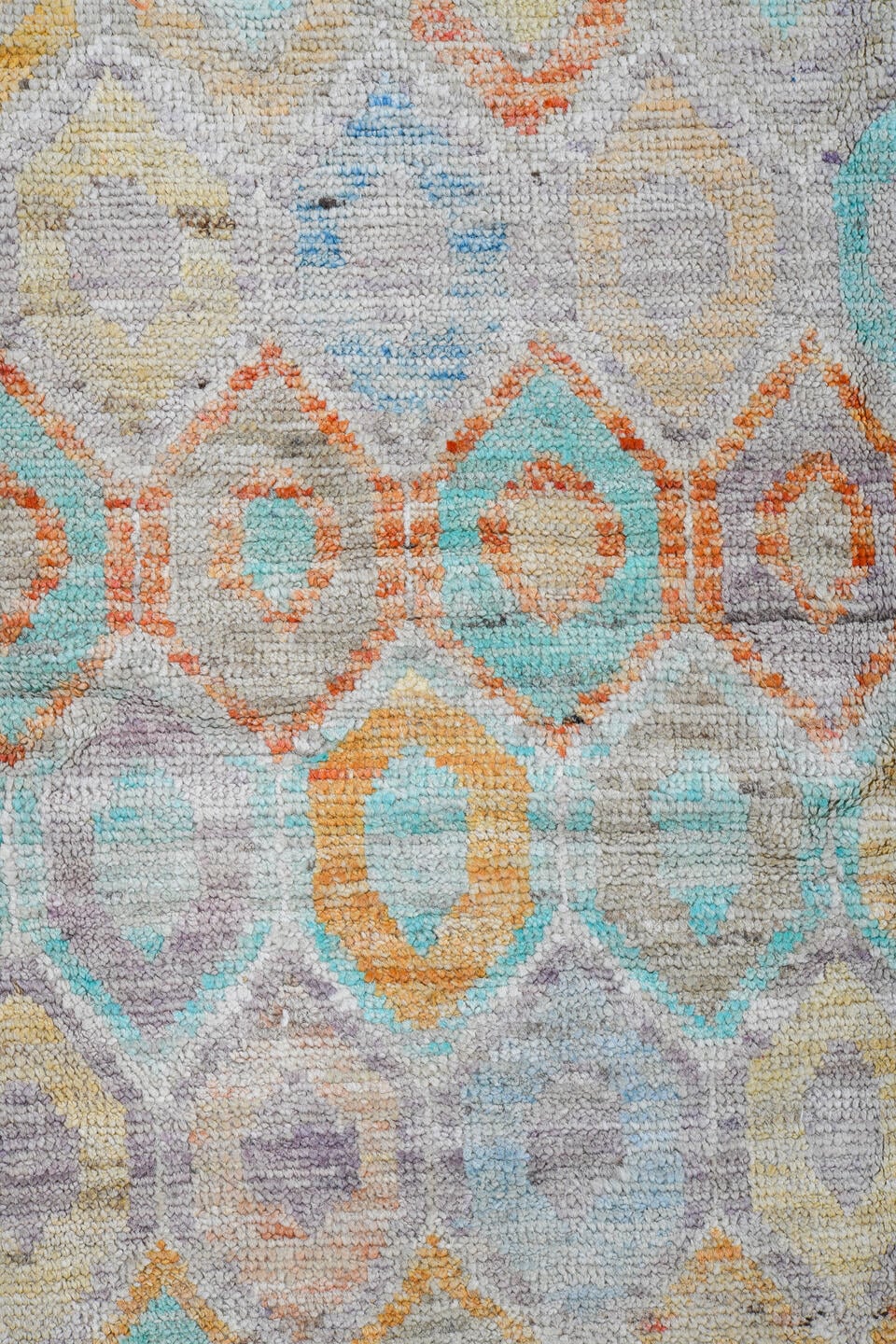 5' x 6' one-of-a-kind handmade vintage Tulu rug. Color palette: ivory, aqua, coral, saffron, lavender, pale blue, taupe