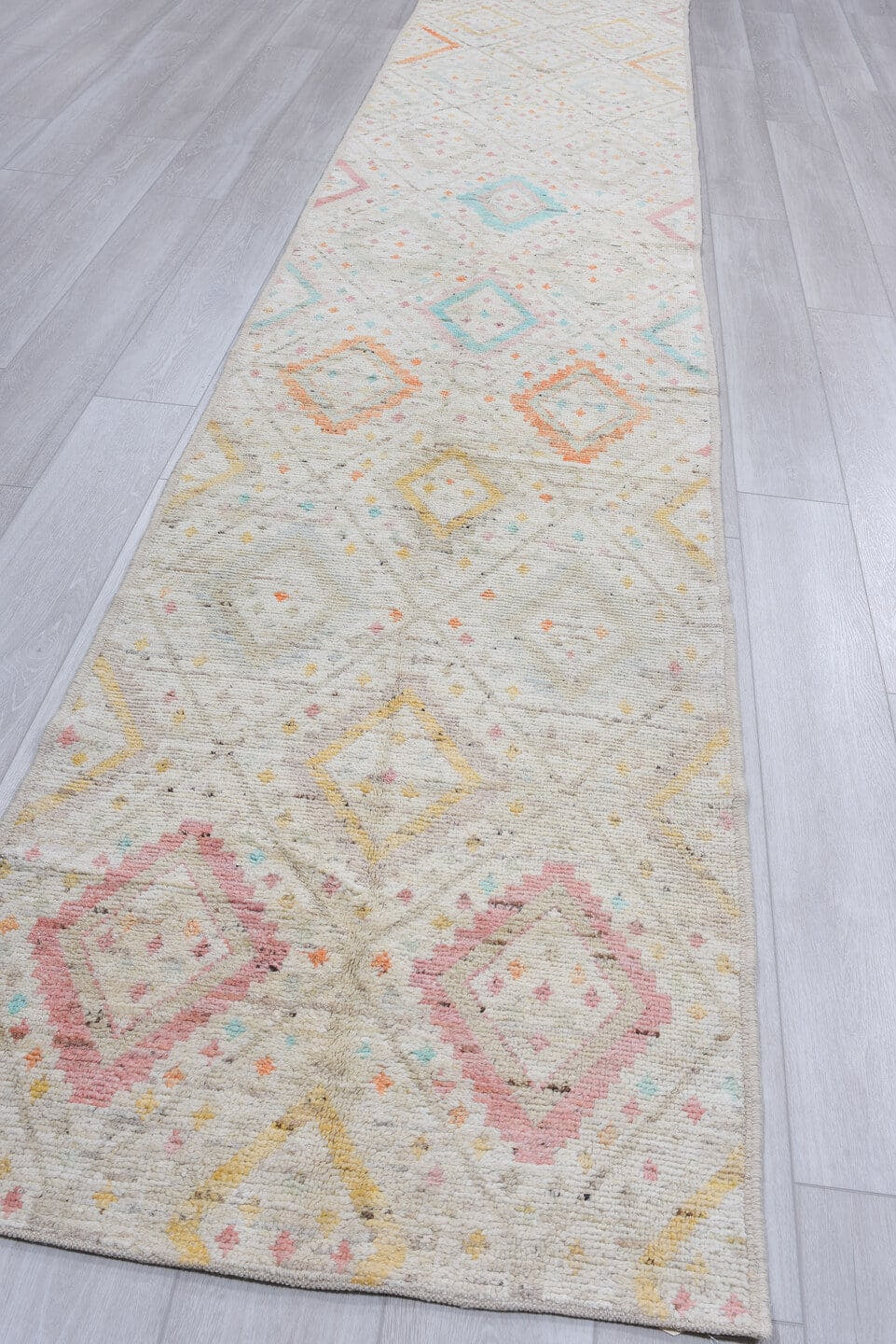 2' x 15' one-of-a-kind handmade vintage Oushak runner rug. Color palette: ivory, taupe, coral, aqua, gold, sand, sage, beige