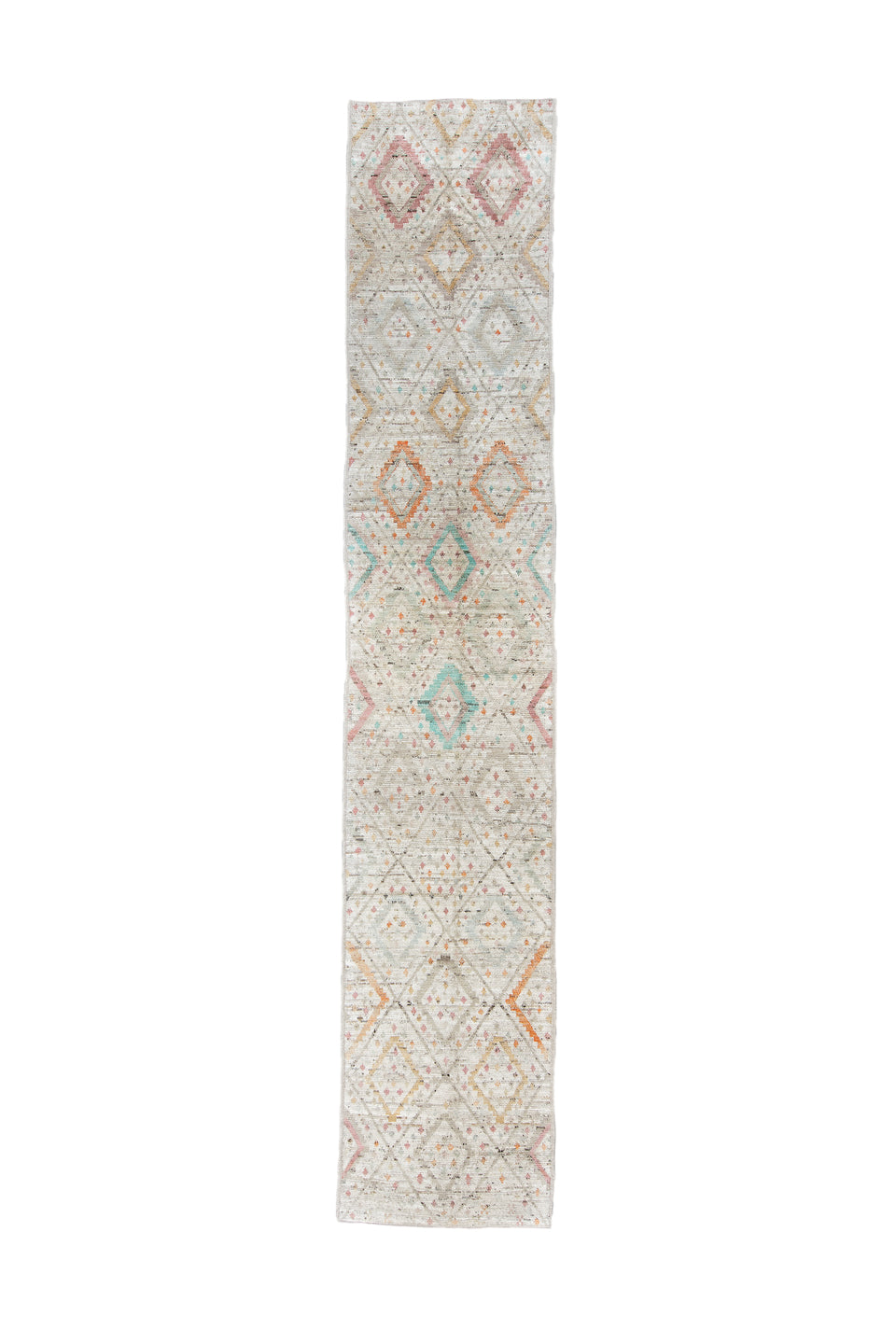 2' x 15' one-of-a-kind handmade vintage Oushak runner rug. Color palette: ivory, taupe, coral, aqua, gold, sand, sage, beige