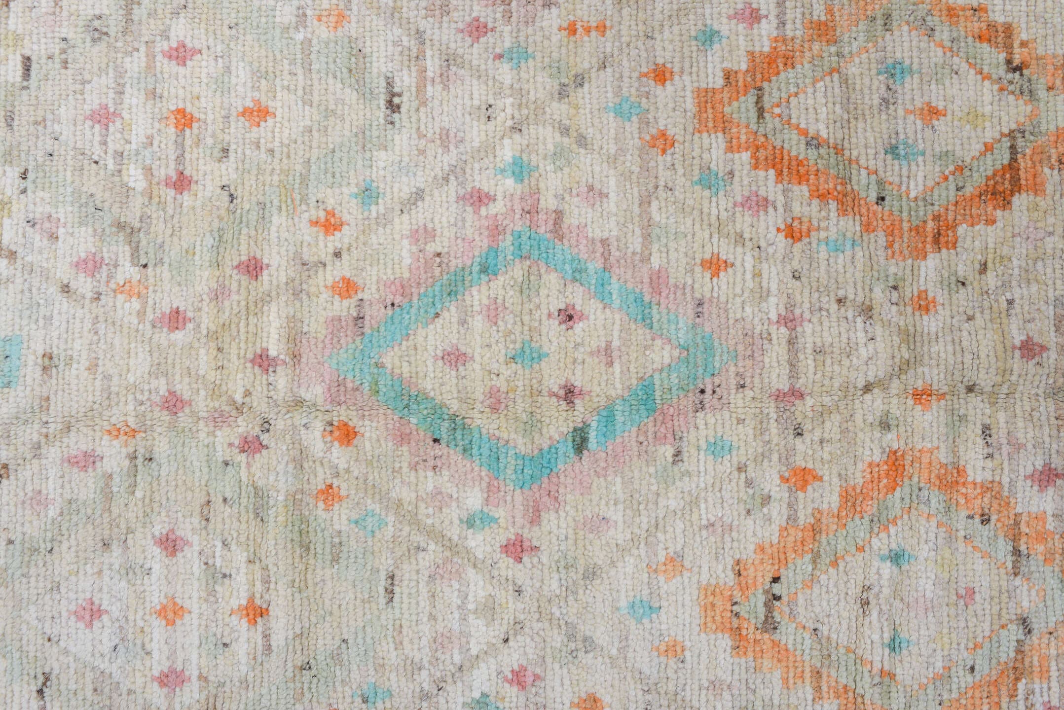 2' x 15' one-of-a-kind handmade vintage Oushak runner rug. Color palette: ivory, taupe, coral, aqua, gold, sand, sage, beige