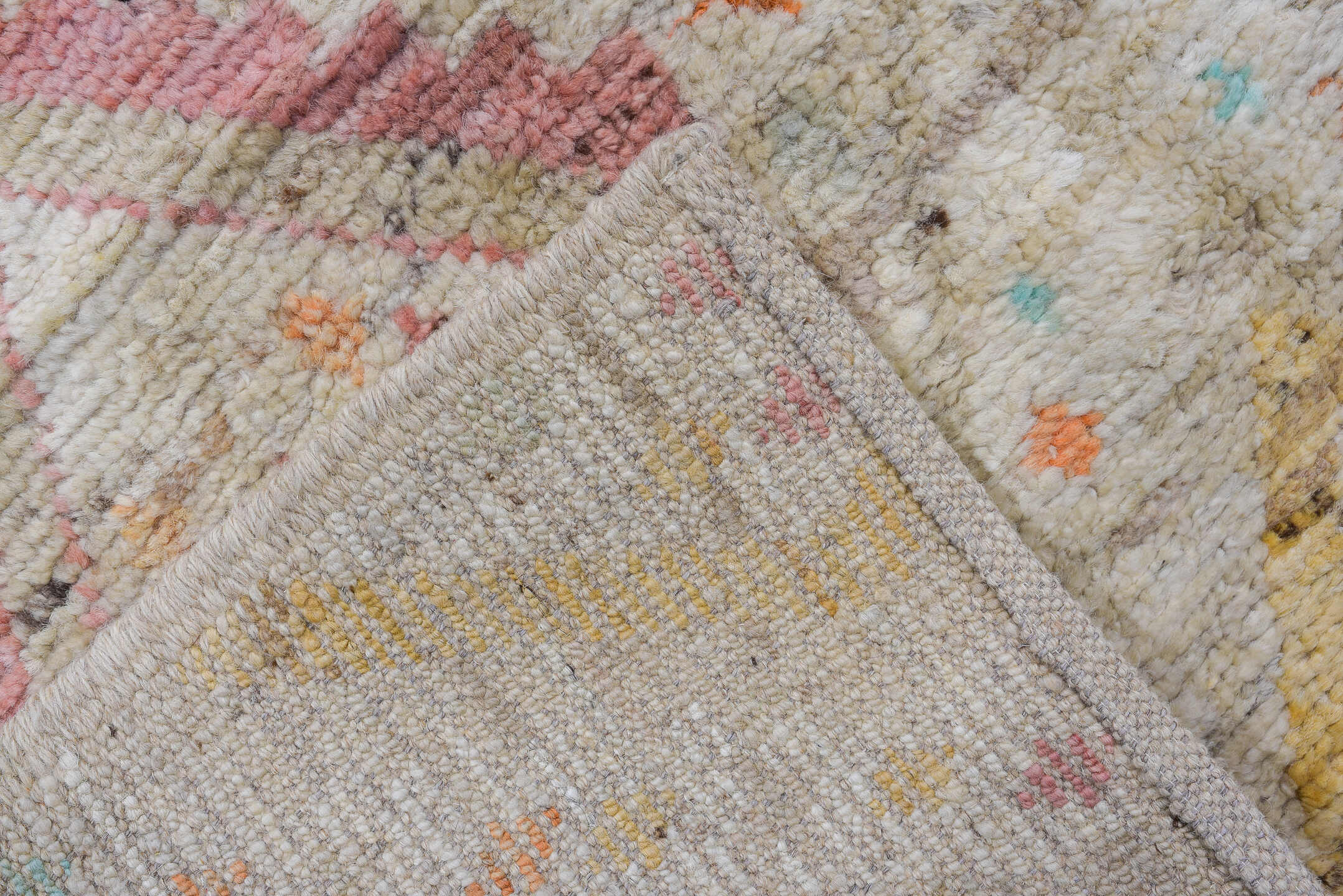 2' x 15' one-of-a-kind handmade vintage Oushak runner rug. Color palette: ivory, taupe, coral, aqua, gold, sand, sage, beige
