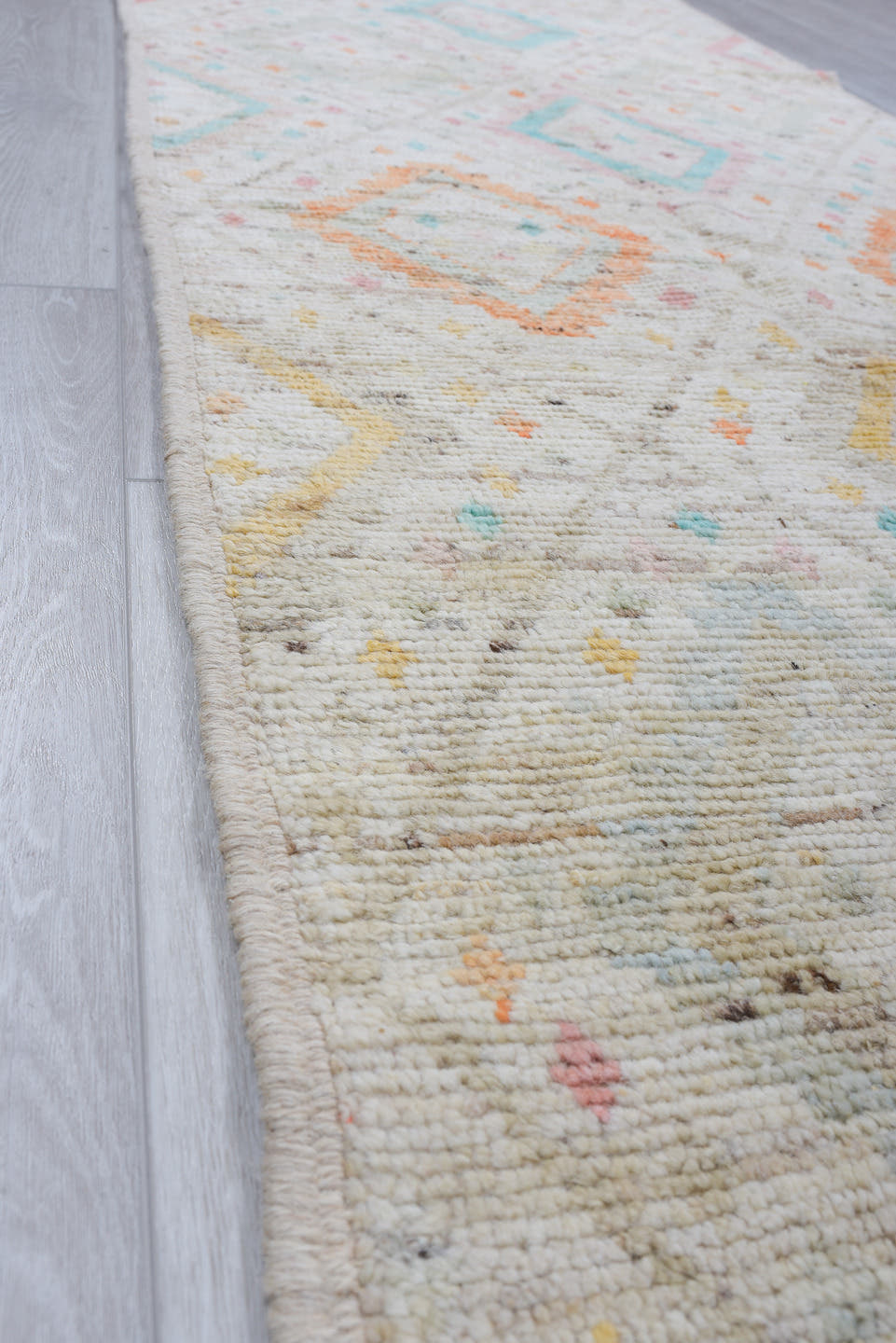 2' x 15' one-of-a-kind handmade vintage Oushak runner rug. Color palette: ivory, taupe, coral, aqua, gold, sand, sage, beige