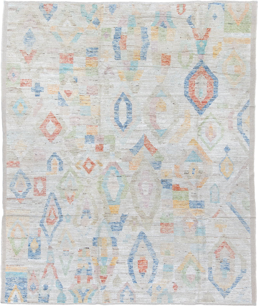 8' x 9' one-of-a-kind handmade vintage Tulu large size rug. Color palette: ivory, sky blue, pale blue, coral, sage