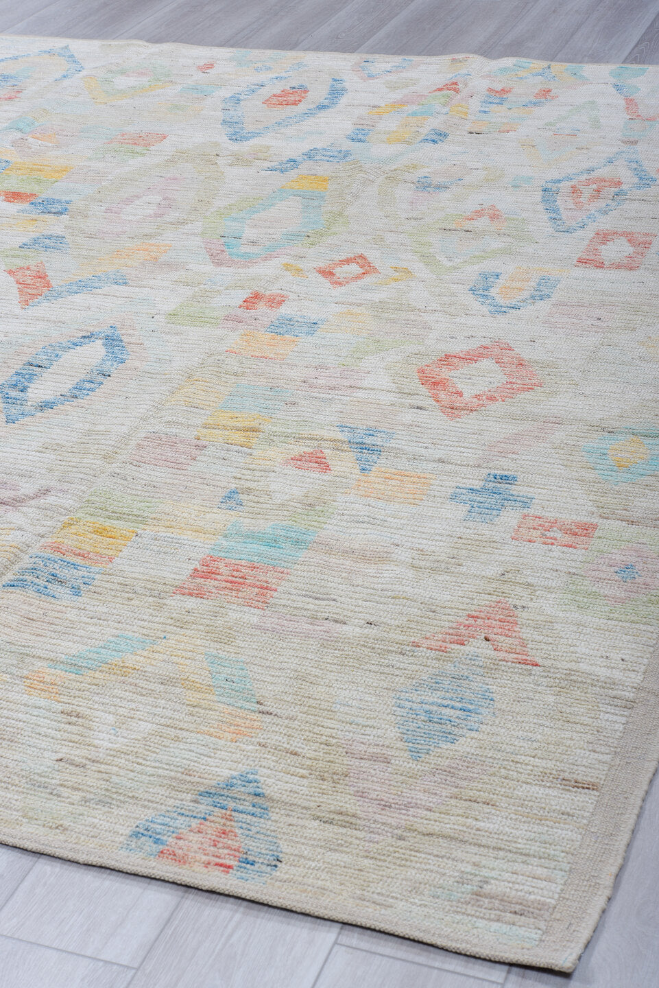 8' x 9' one-of-a-kind handmade vintage Tulu large size rug. Color palette: ivory, sky blue, pale blue, coral, sage