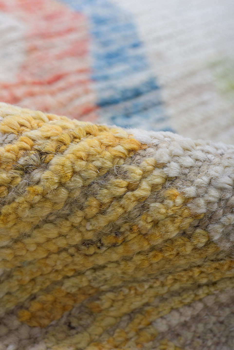 8' x 9' one-of-a-kind handmade vintage Tulu large size rug. Color palette: ivory, sky blue, pale blue, coral, sage
