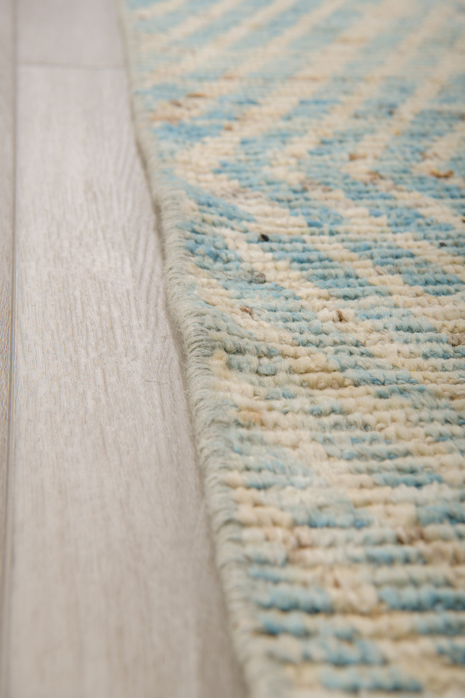 3' x 16' one-of-a-kind handmade vintage Tulu runner rug. Color palette: ivory, sky blue, beige, taupe, light blue, gray