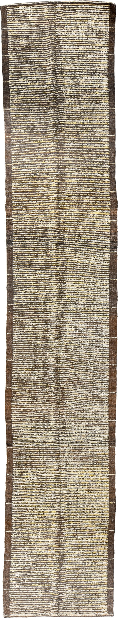 2' x 15' one-of-a-kind handmade vintage Tulu runner rug. Color palette: brown, ivory, camel, taupe, charcoal, beige, gray