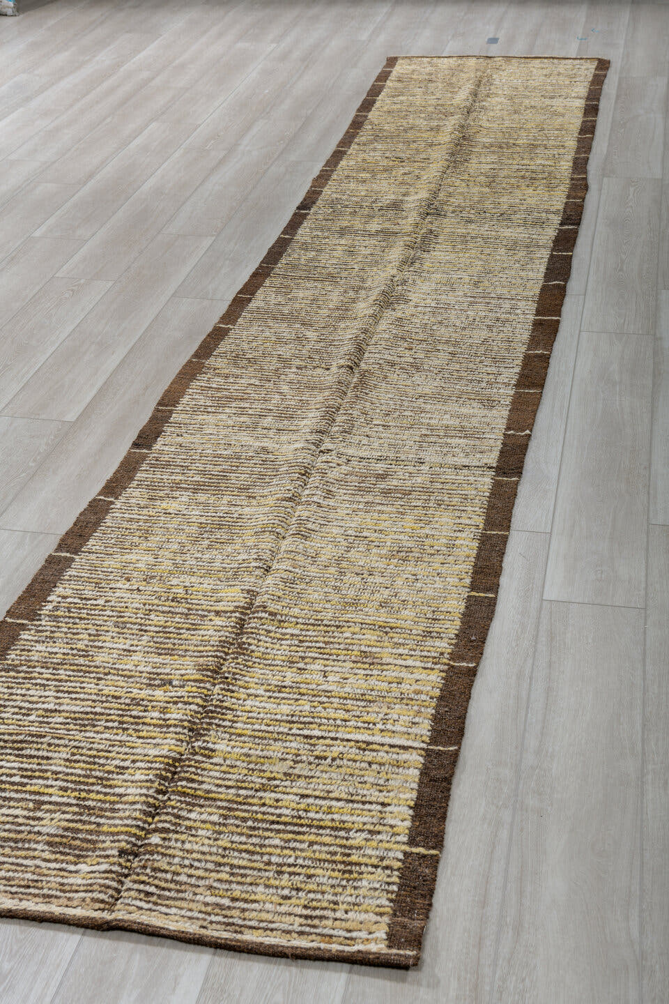 2' x 15' one-of-a-kind handmade vintage Tulu runner rug. Color palette: brown, ivory, camel, taupe, charcoal, beige, gray