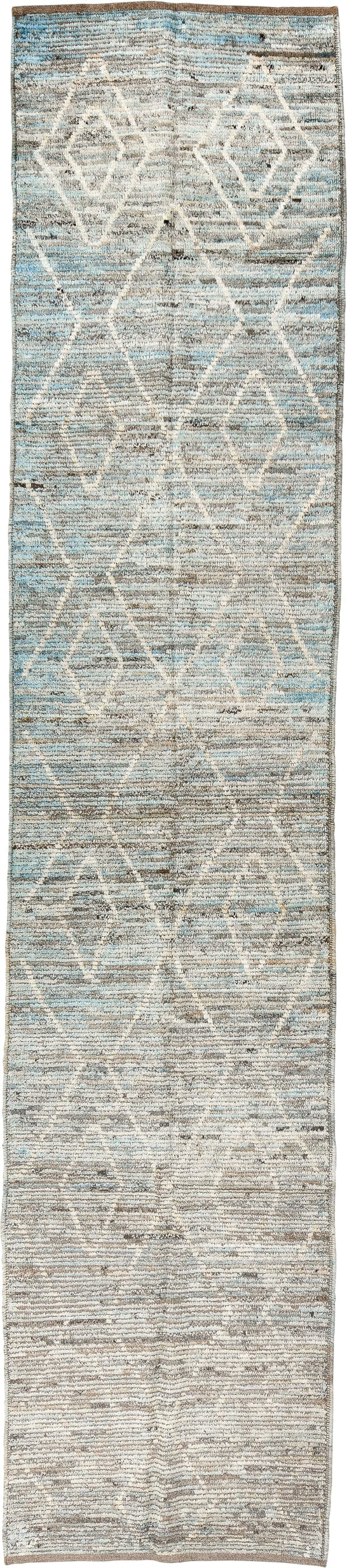 3' x 14' one-of-a-kind handmade vintage Tulu runner rug. Color palette: blue gray, ivory, taupe, slate, cream, gray, blue