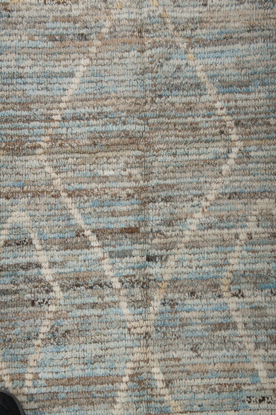 3' x 14' one-of-a-kind handmade vintage Tulu runner rug. Color palette: blue gray, ivory, taupe, slate, cream, gray, blue