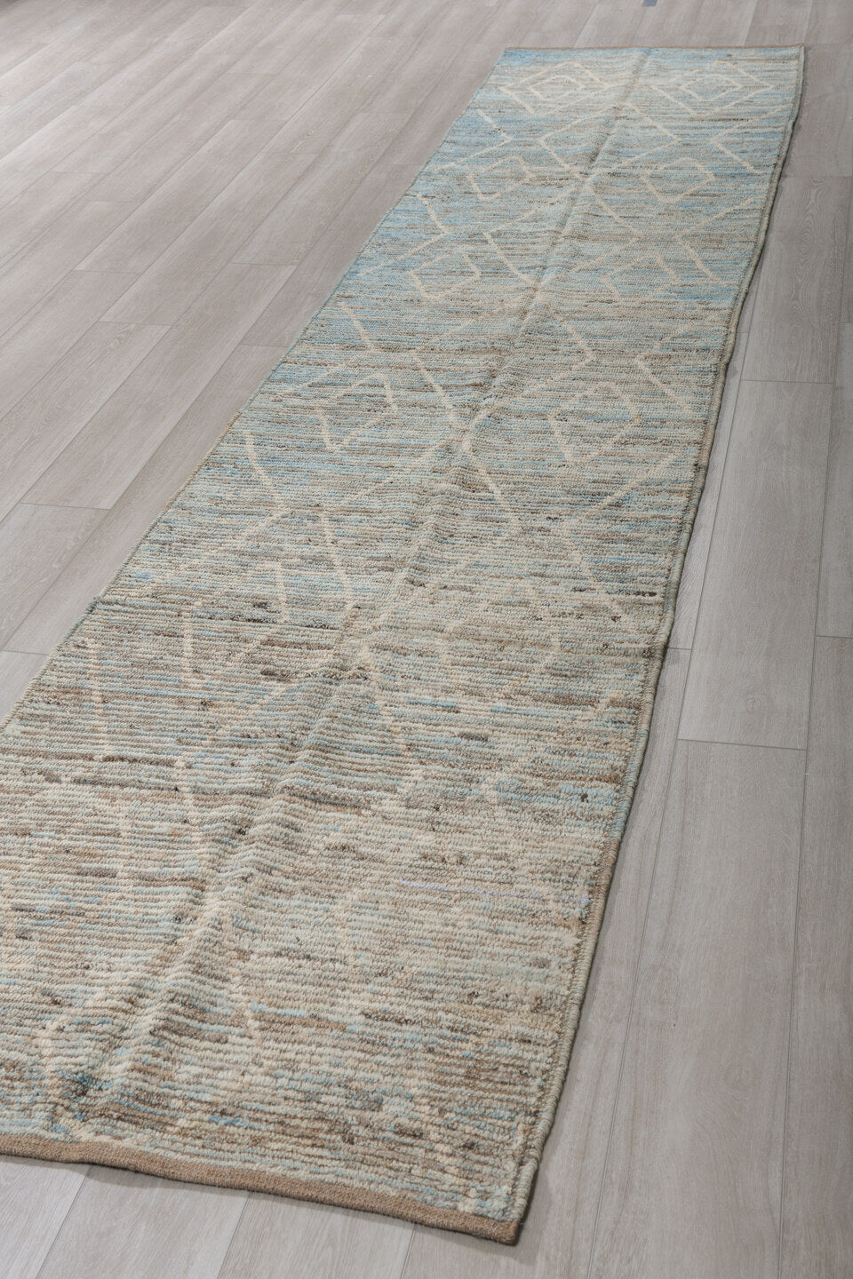 3' x 14' one-of-a-kind handmade vintage Tulu runner rug. Color palette: blue gray, ivory, taupe, slate, cream, gray, blue