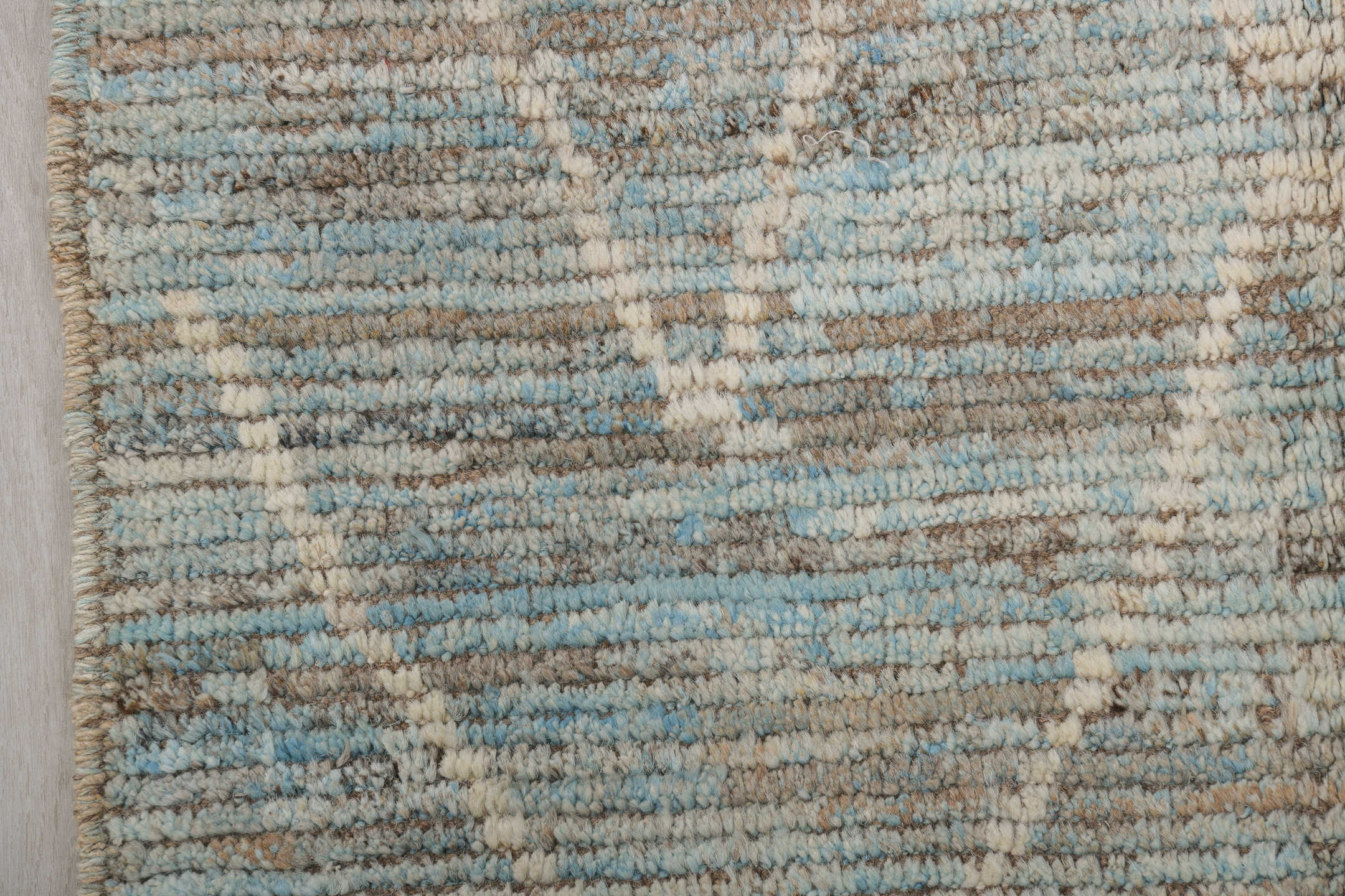 3' x 14' one-of-a-kind handmade vintage Tulu runner rug. Color palette: blue gray, ivory, taupe, slate, cream, gray, blue