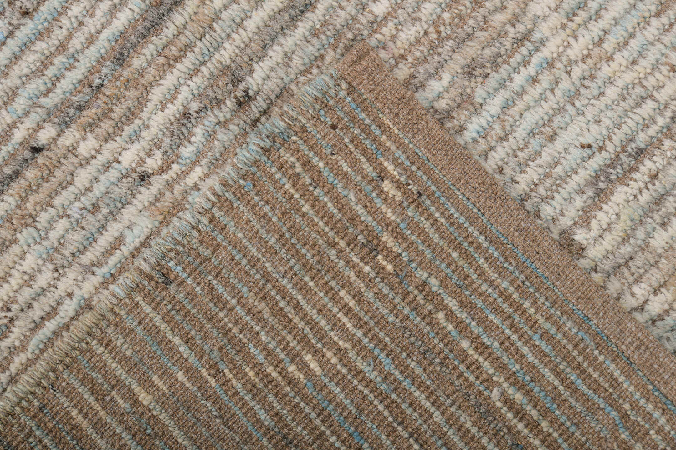 3' x 14' one-of-a-kind handmade vintage Tulu runner rug. Color palette: blue gray, ivory, taupe, slate, cream, gray, blue