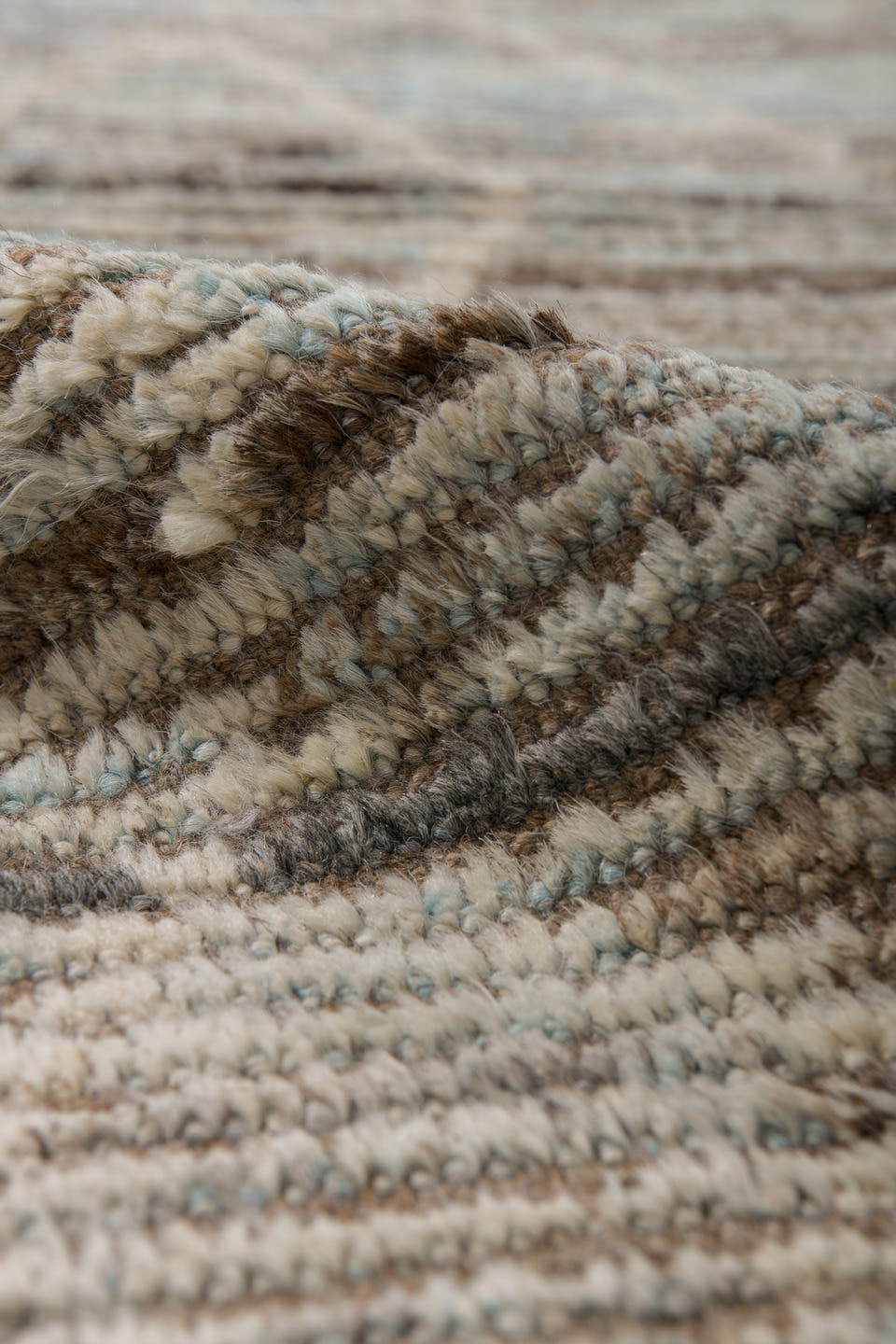3' x 14' one-of-a-kind handmade vintage Tulu runner rug. Color palette: blue gray, ivory, taupe, slate, cream, gray, blue