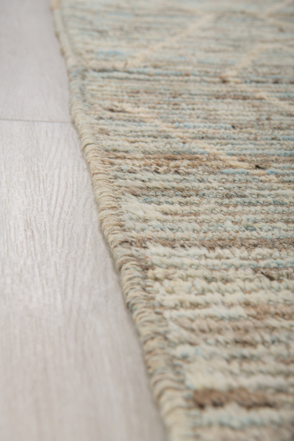 3' x 14' one-of-a-kind handmade vintage Tulu runner rug. Color palette: blue gray, ivory, taupe, slate, cream, gray, blue