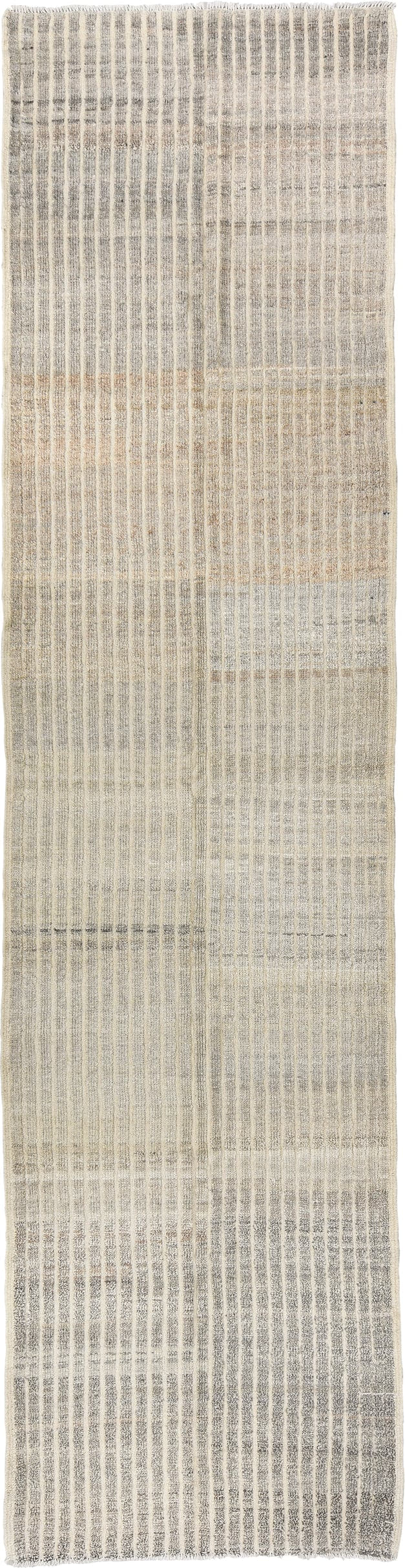 3' x 13' one-of-a-kind handmade vintage Tulu runner rug. Color palette: ivory, gray, taupe, cream, beige